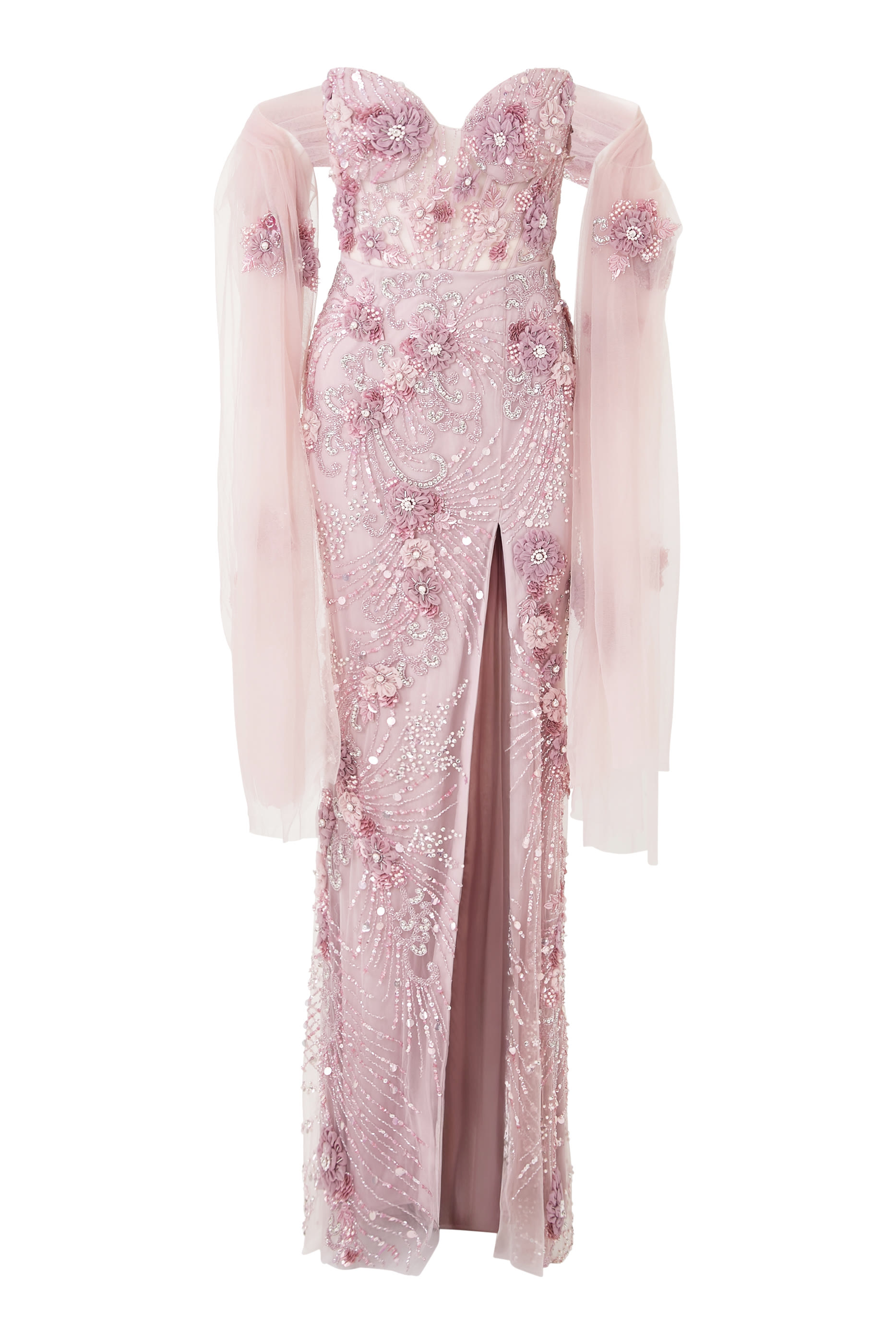 فستان سهرة بلا حمالات بخرز وفتحة