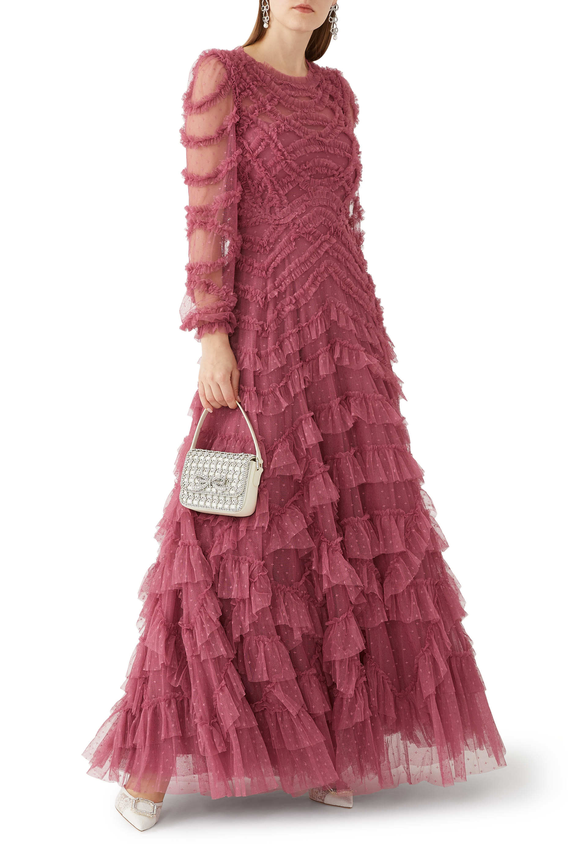 فستان سهرة لانا بياقة مستديرة تول