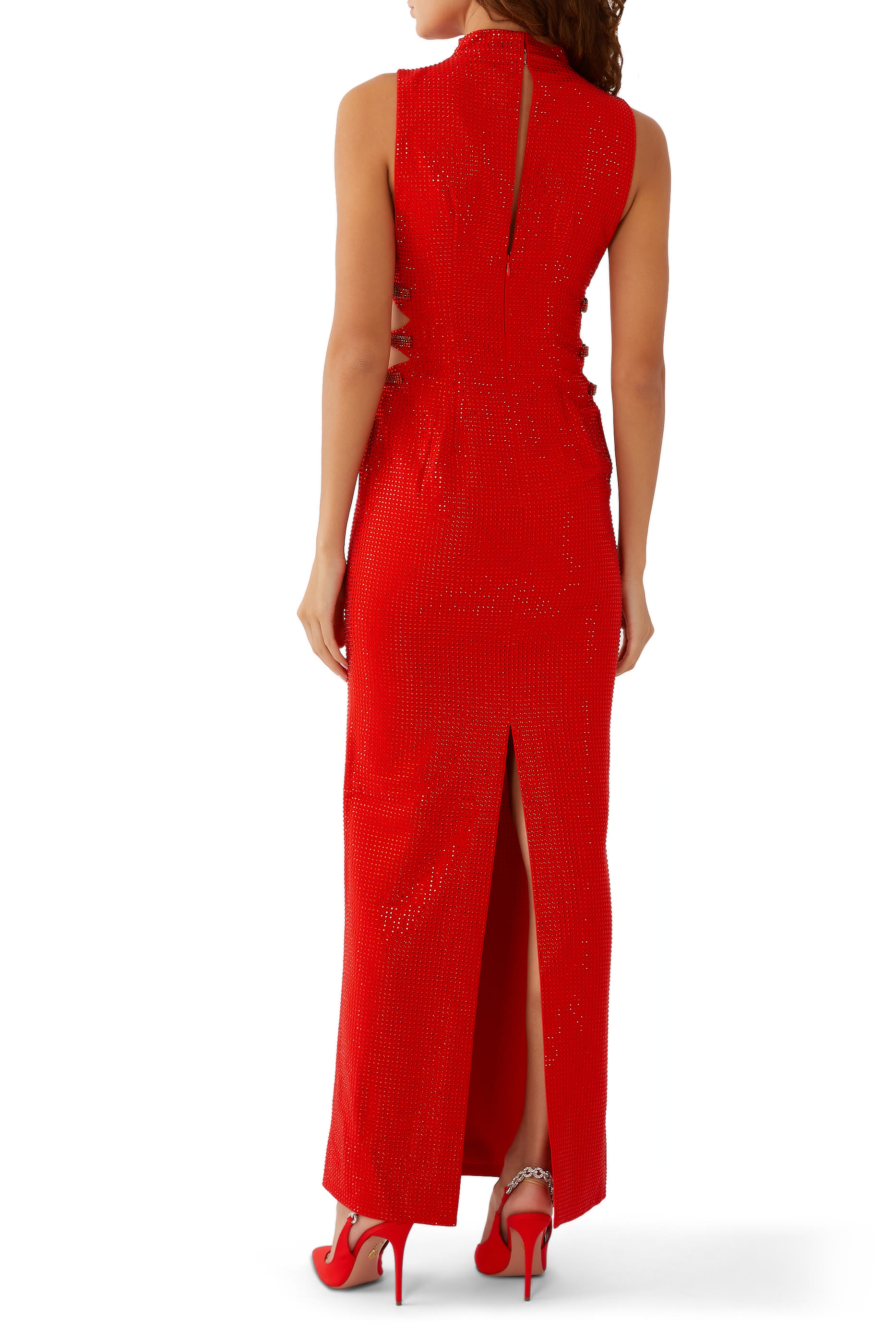 فستان طويل كريب مرصع بأحجار الراين