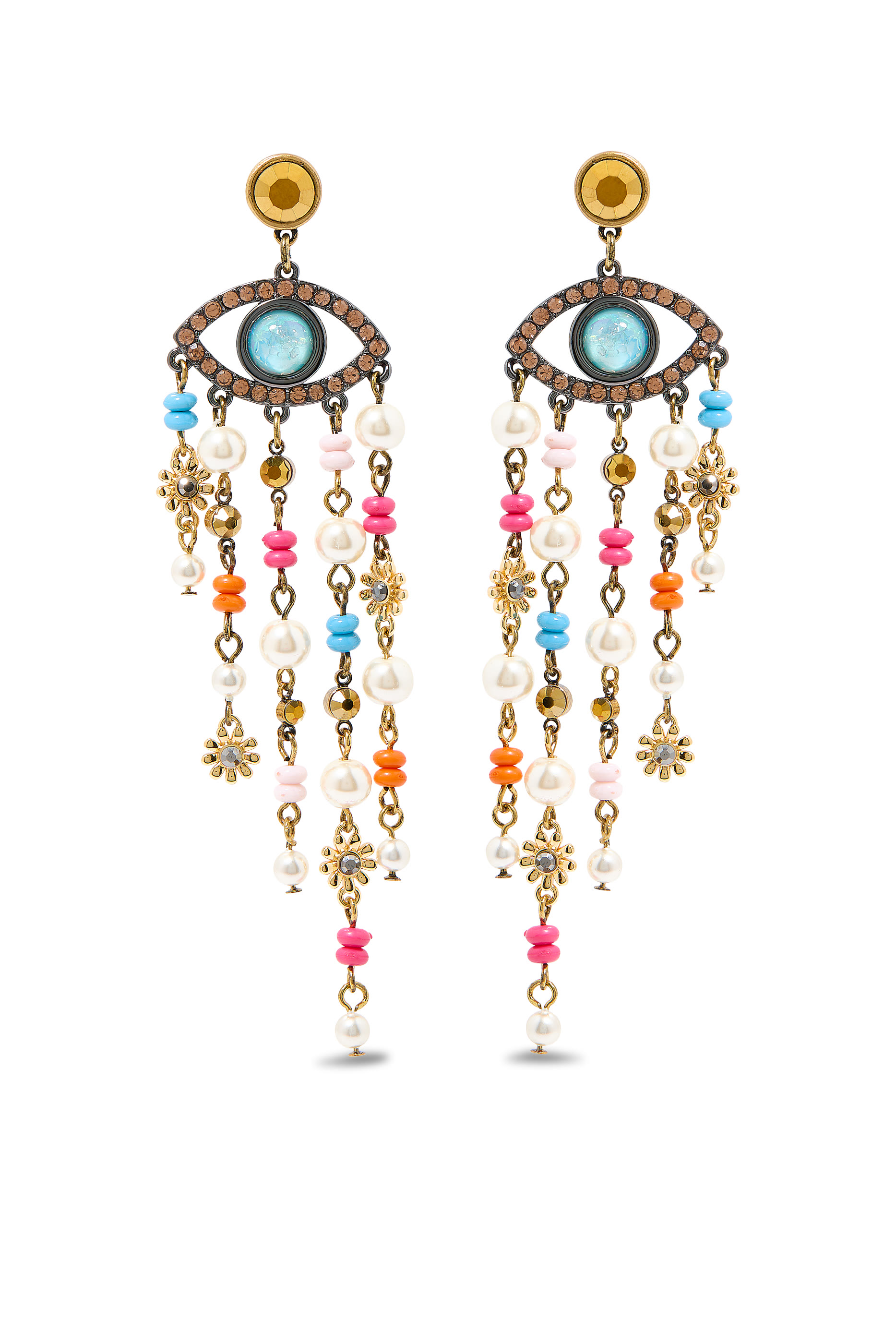 Beaded Eye Earrings, Brass & Faux Pearls, Crystals, Floral Motifs