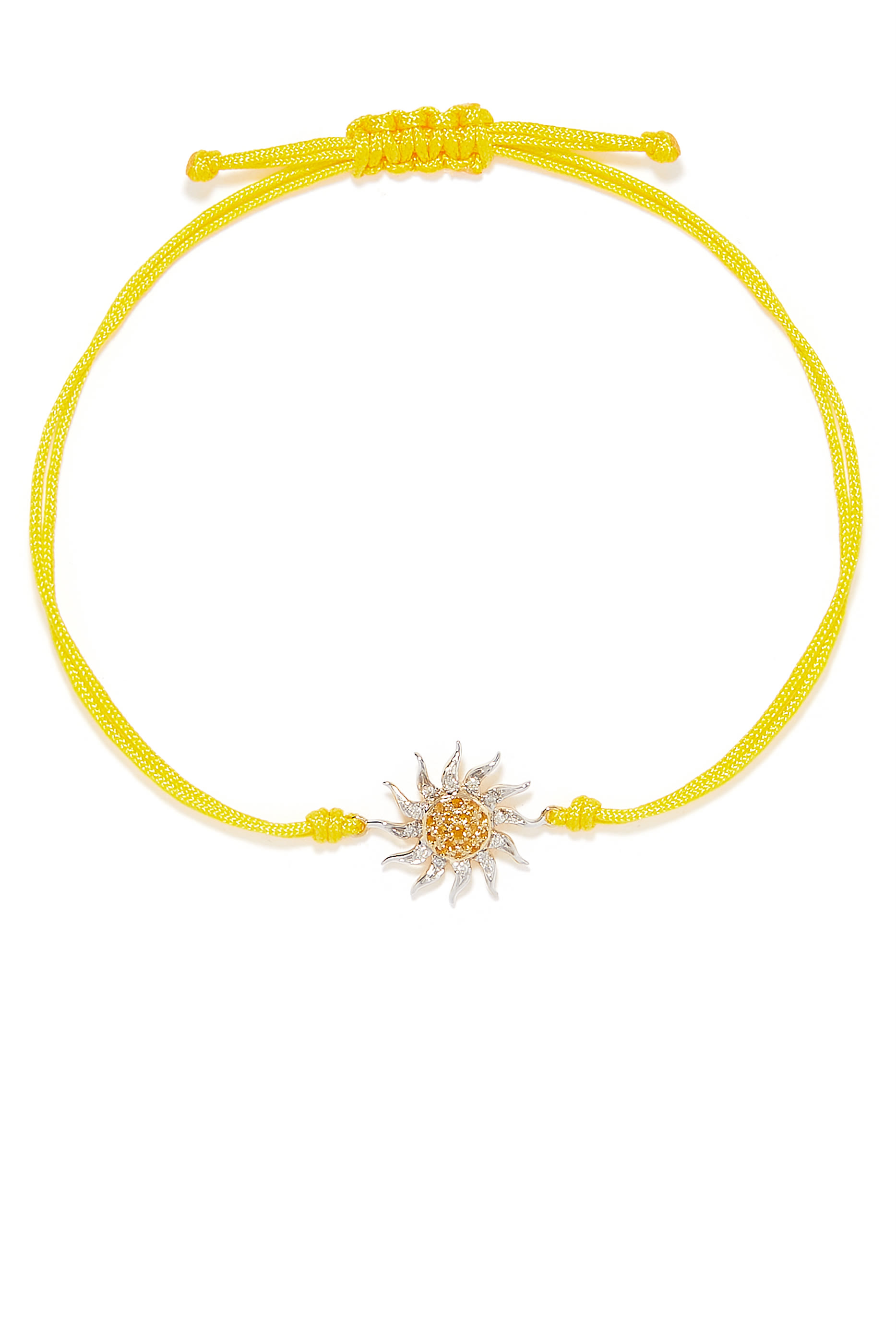 سوار بخيط وحلية بتصميم شمس مرصعة بالماس والسترين ذهب أبيض عيار 9 وذهب أصفر