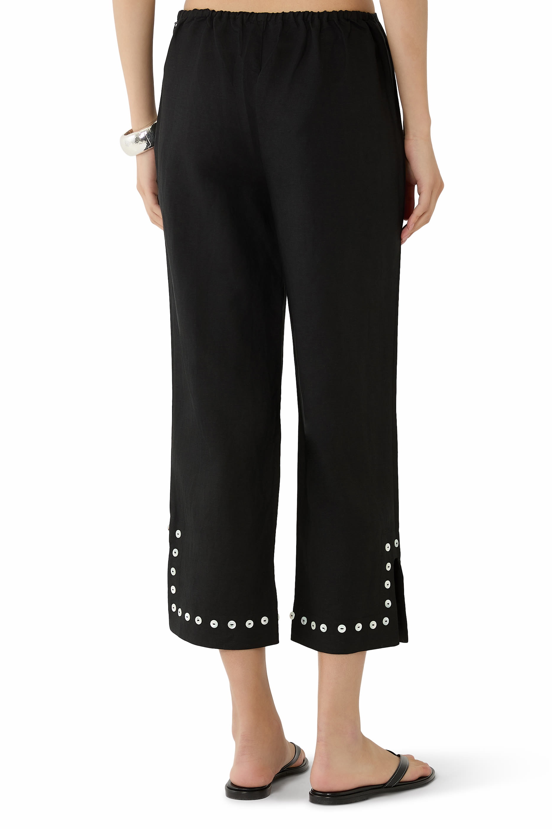 بنطال بيها بقصة واسعة مزيج الكتان