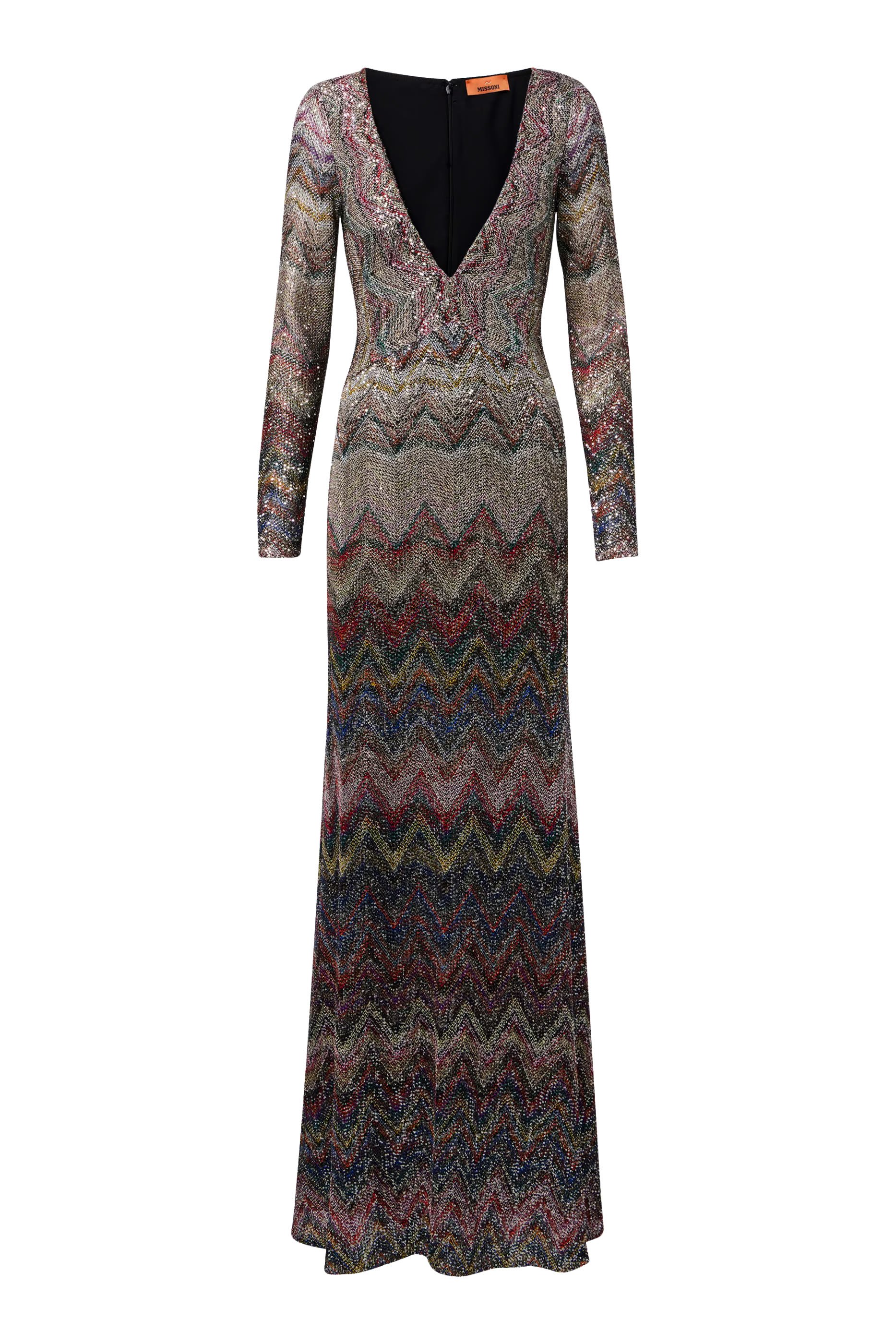 فستان طويل بنقشة خطوط متعرجة مزين بترتر لاميه