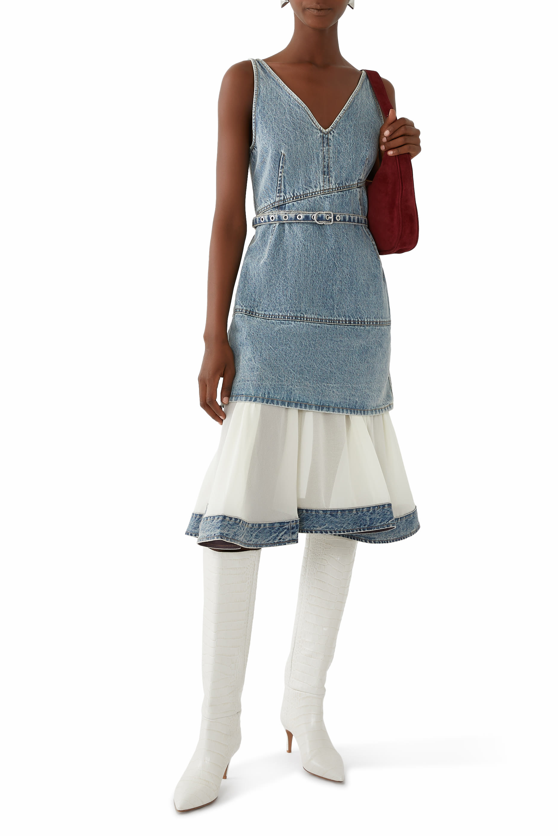 فستان دنيم بياقة V بحافة شيفون