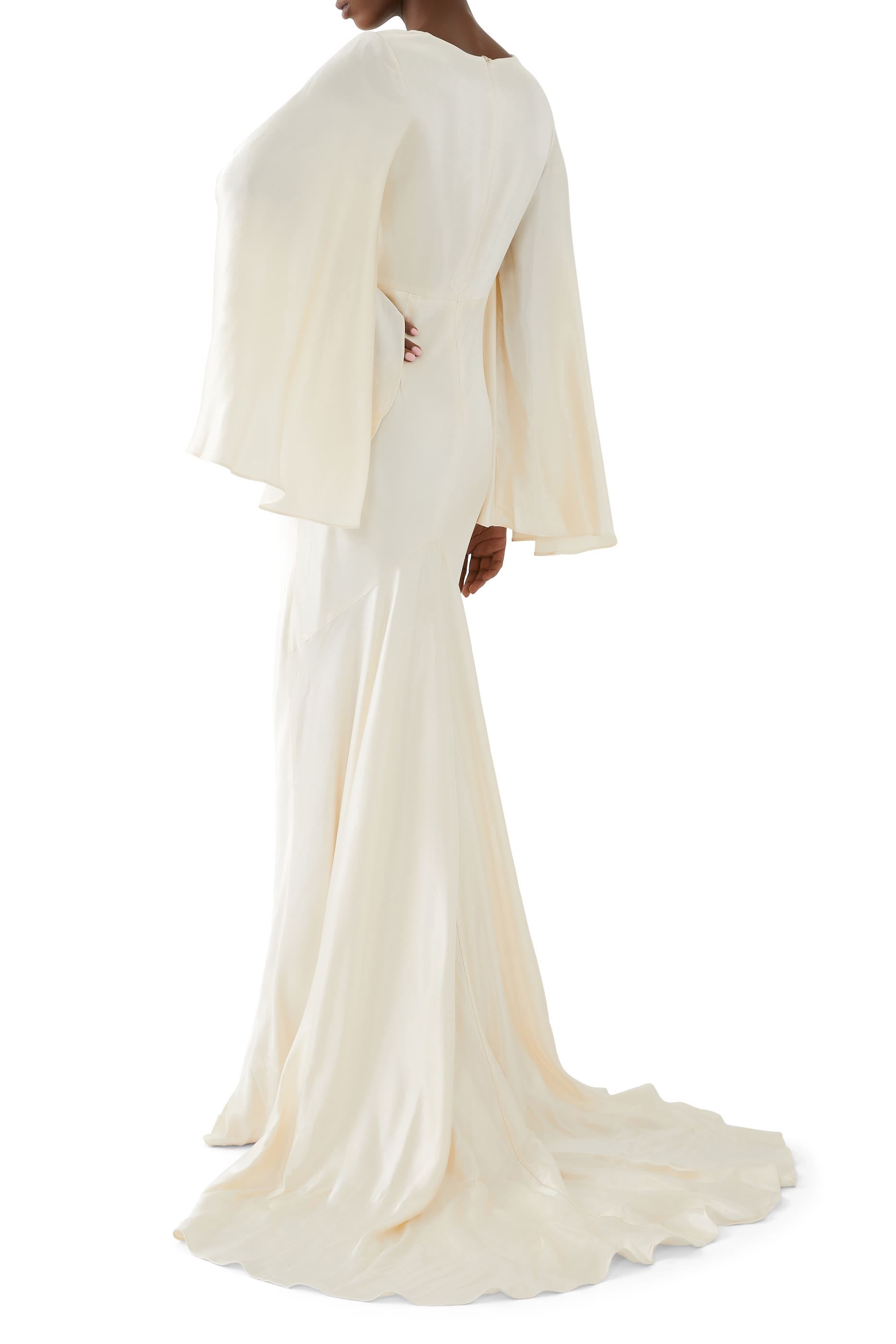 فستان لا لون طويل بأكمام واسعة وفتحة