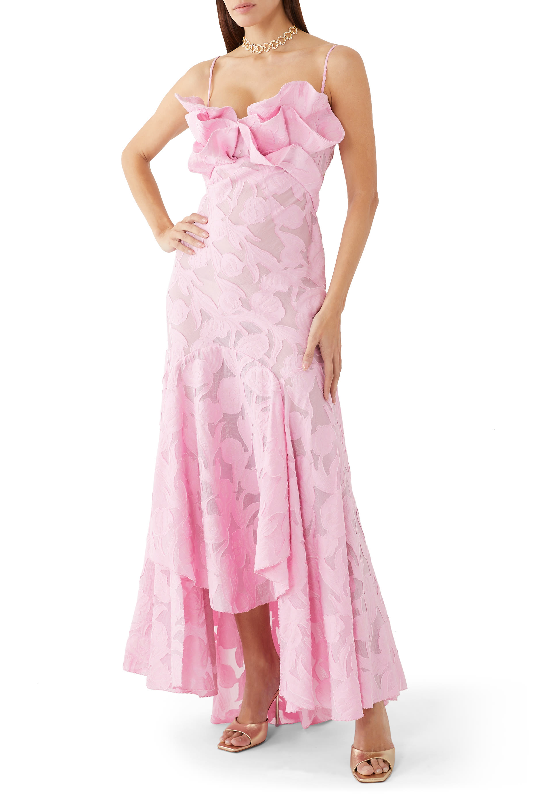 فستان سهرة بلا أكمام مزين بكشكش