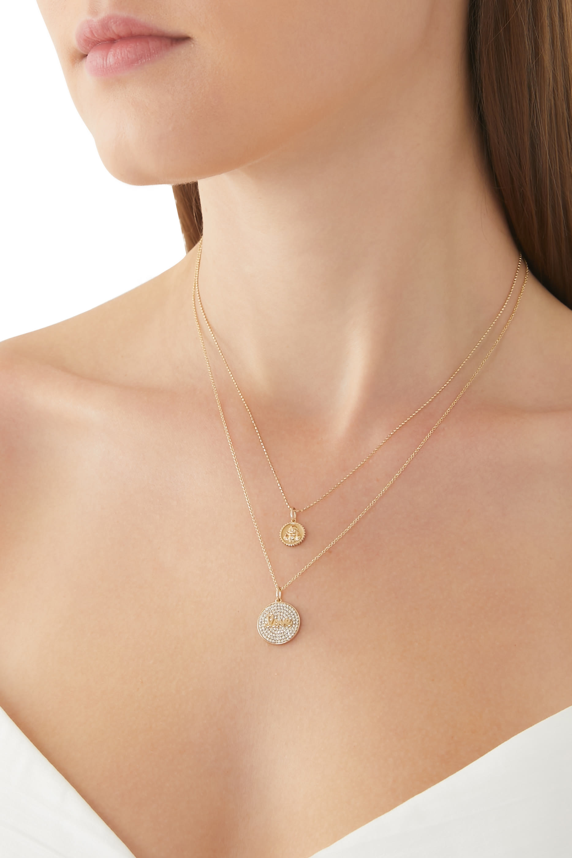 قلادة بدلاية بتصميم عملة رفيعة لبوذا جالس مرصعة بالكريستال ذهب أصفر عيار 14