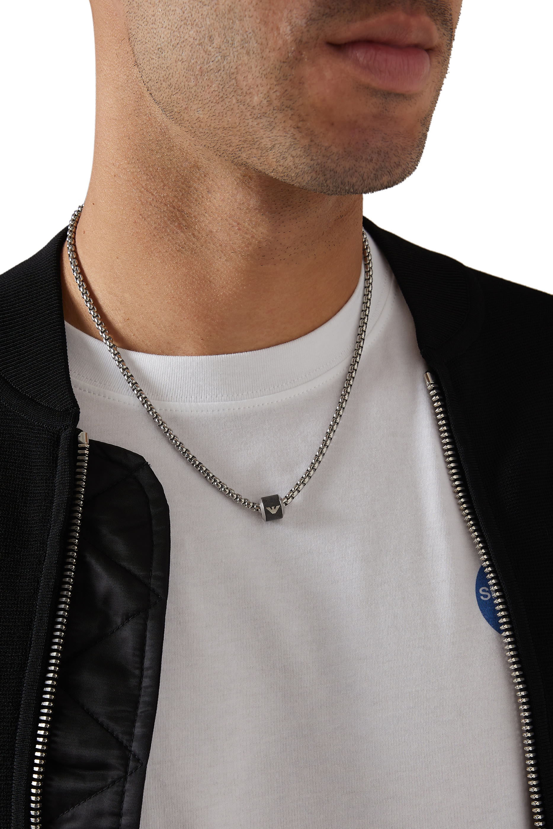 Logo Chain Necklace, Stainless Steel & Black Marble