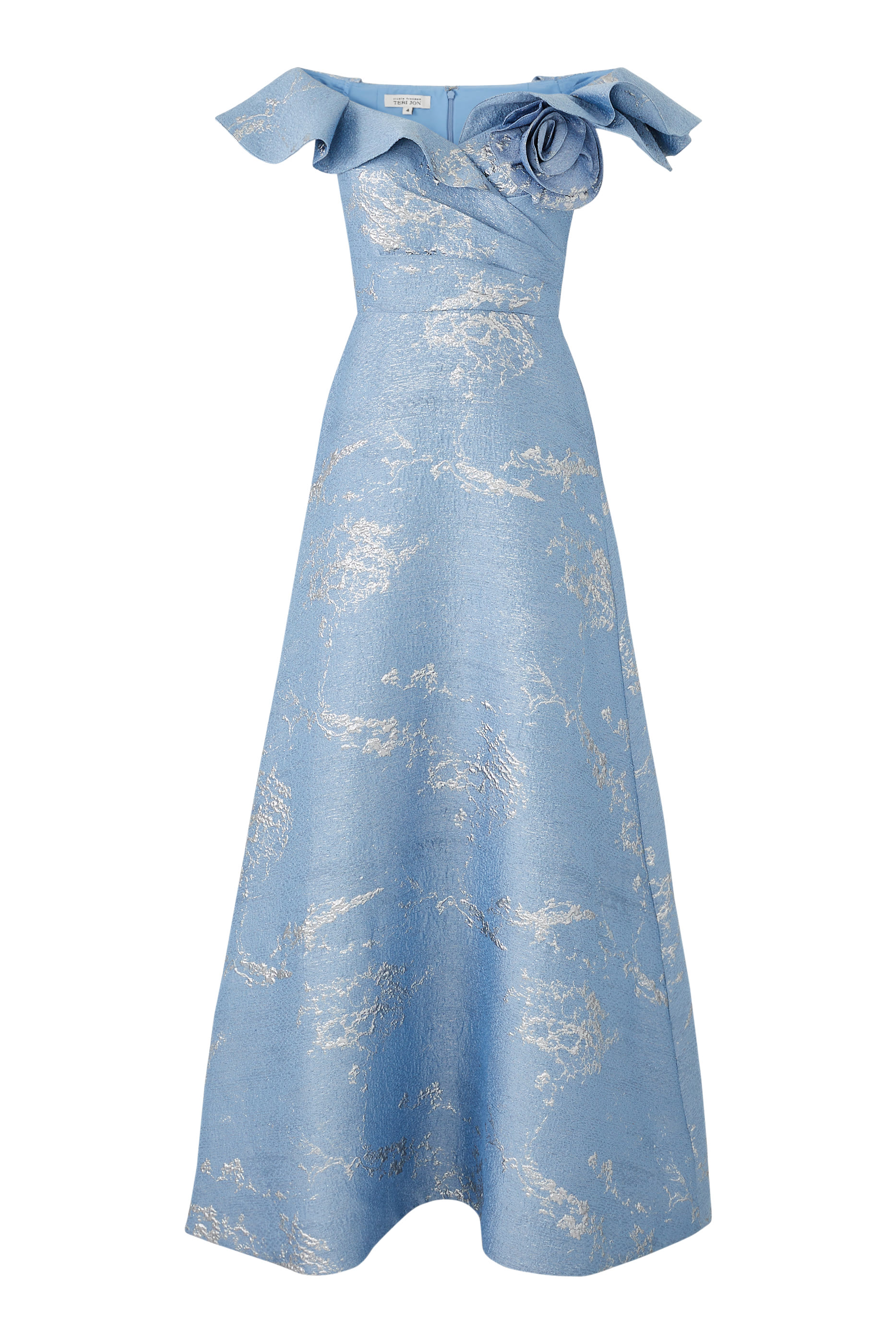 فستان سهرة بأكتاف متساقطة وكشكش وزهور بارزة الملمس جاكار