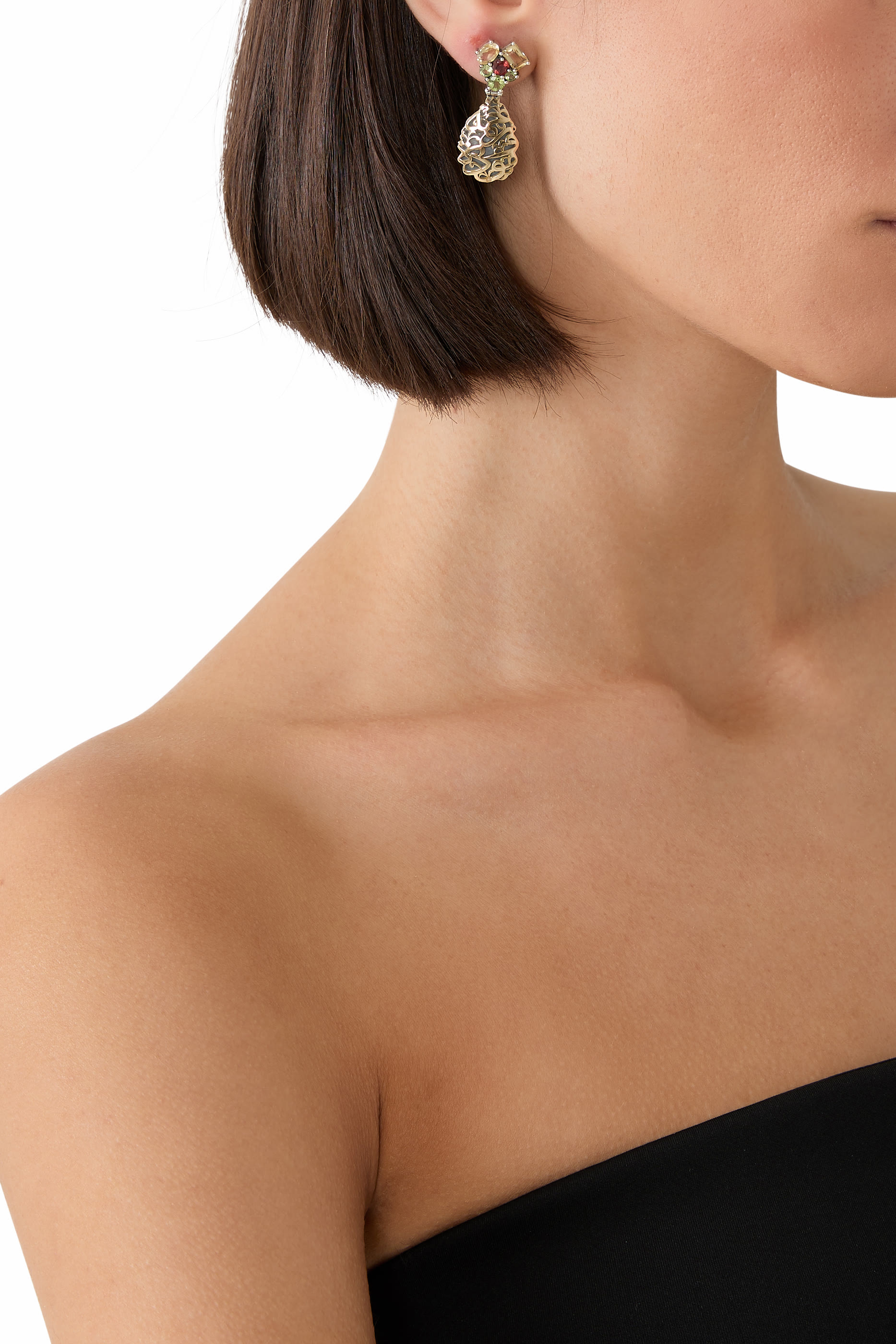 أقراط النور متدلية مرصعة بحجر السترين، والتورمالين، فضة استرلينية وذهب أصفر عيار 18