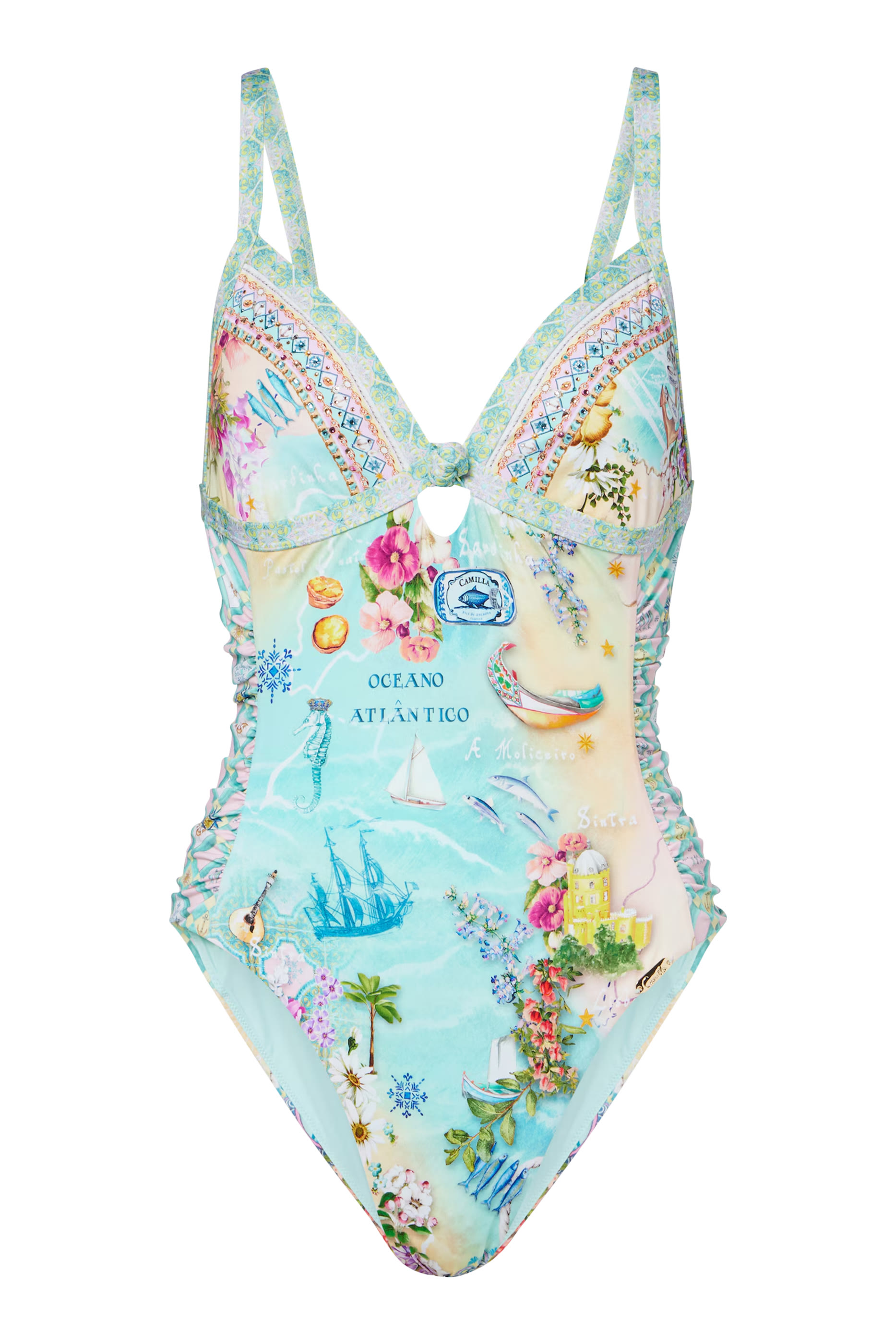 بدلة سباحة بتصميم قطعة واحدة مقسم بألوان بربطة في الأمام وقوالب مثلثية مزينة بكشكش