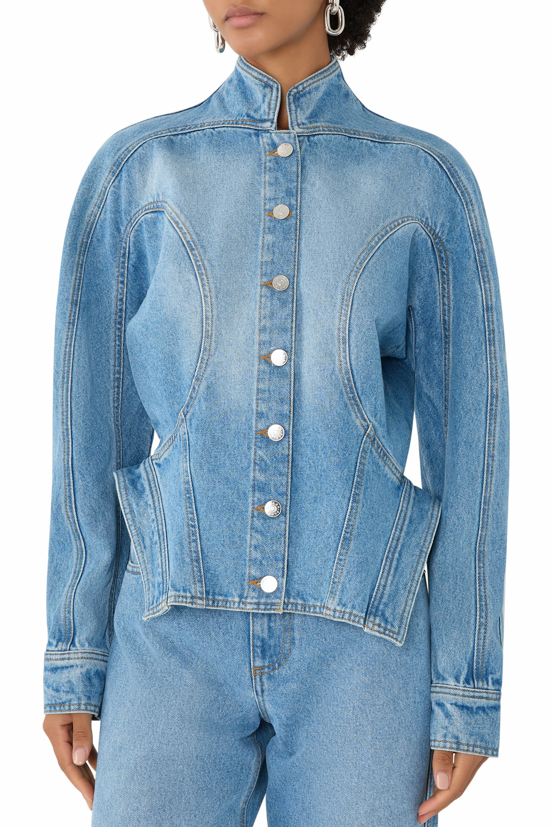 Cinched Button-Fastening Denim Jacket