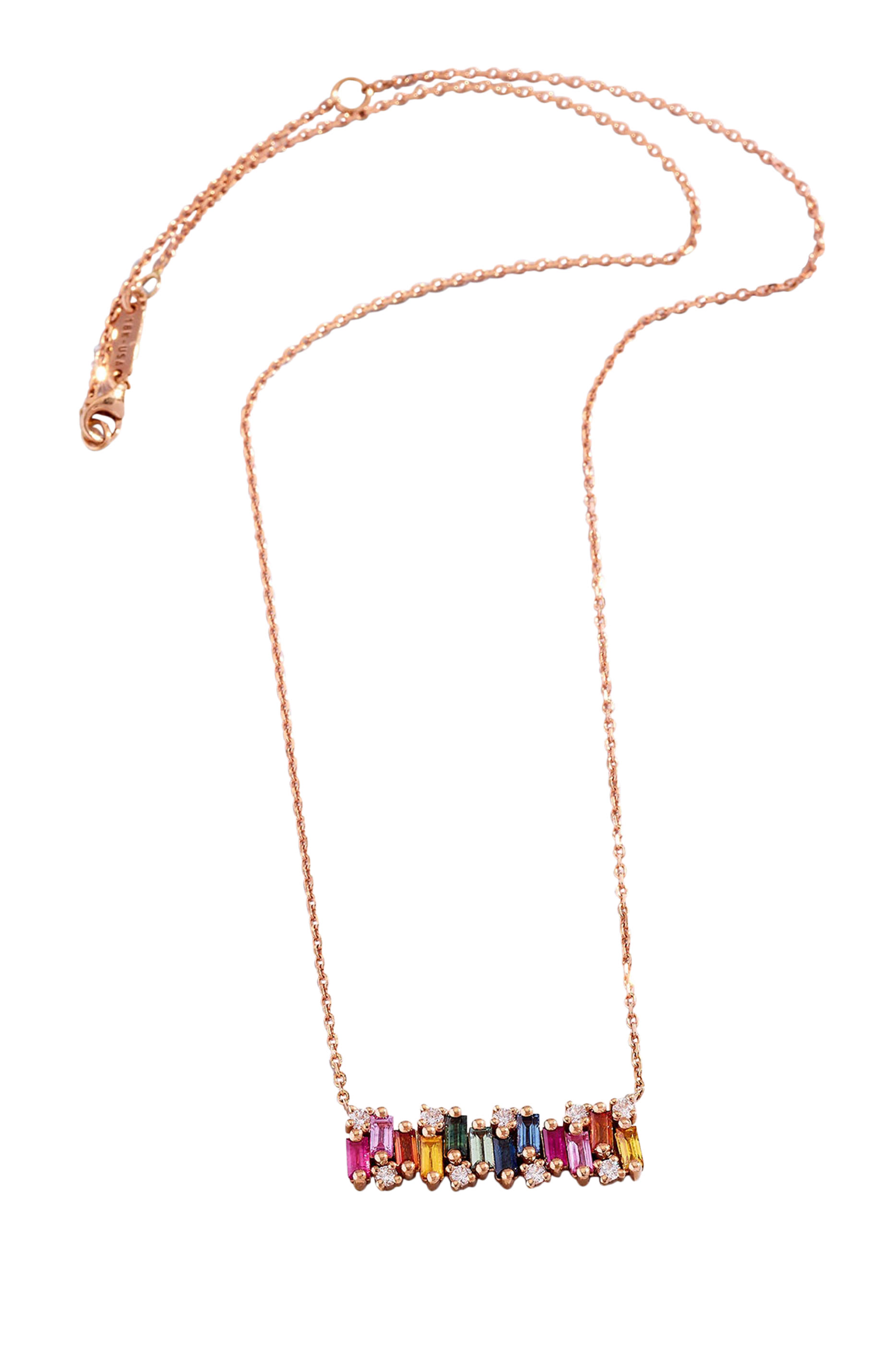 قلادة بقضيب مرصع بياقوت بألوان قوس قزح مستطيل وماس أبيض، ذهب وردي عيار 18