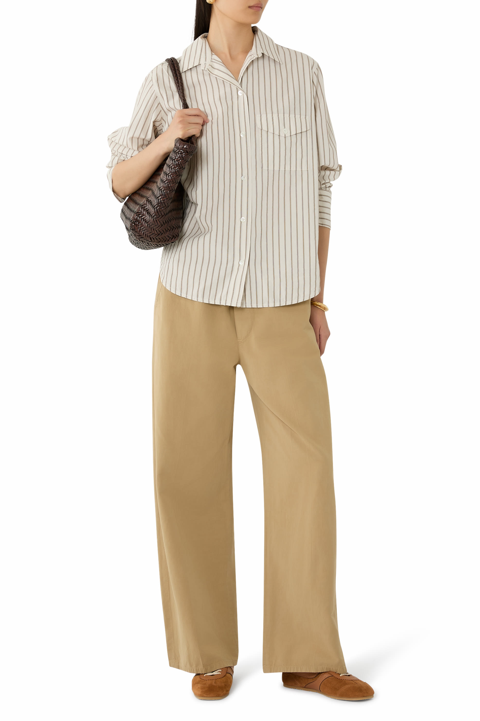 قميص شاي مخطط بأكمام طويلة