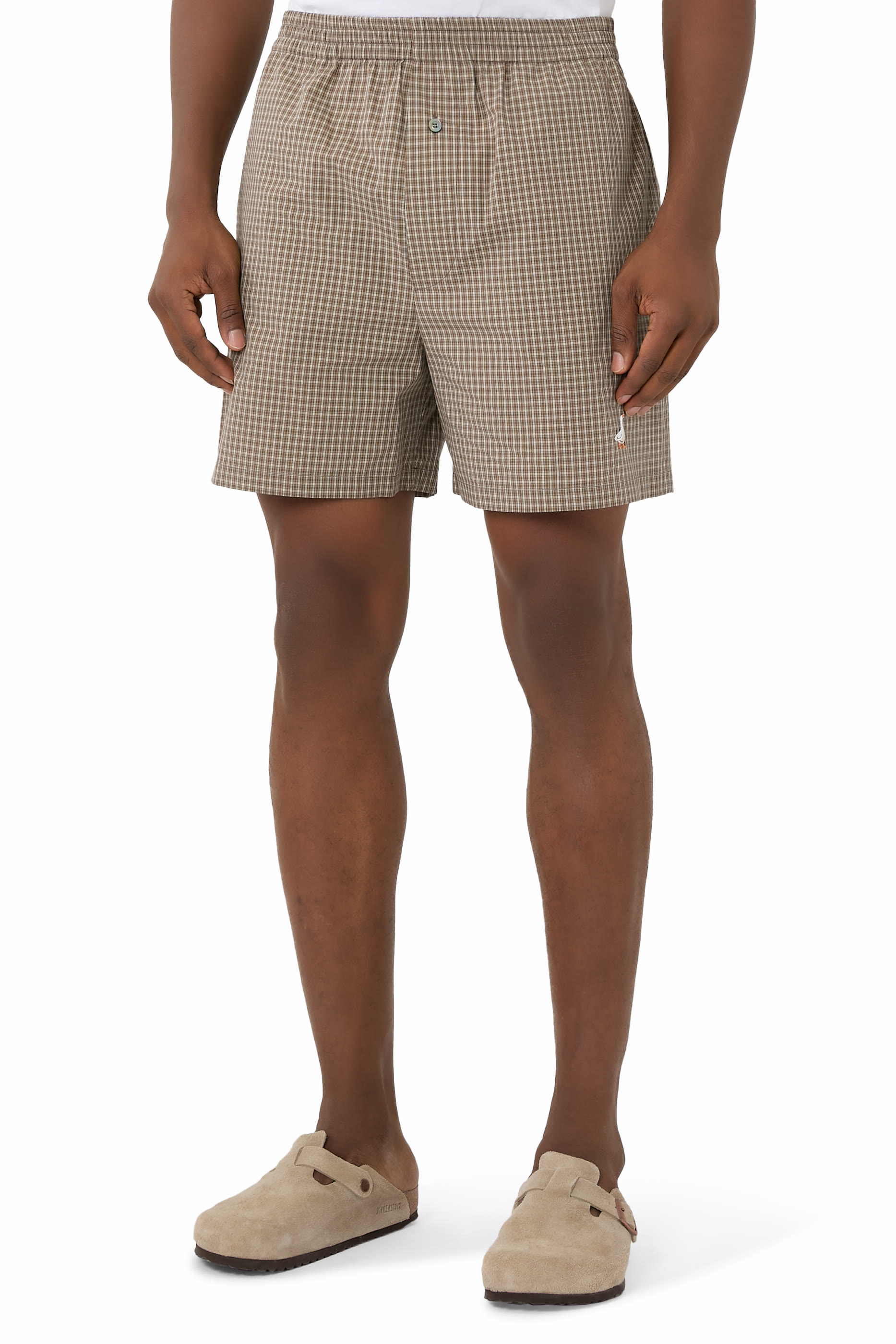 شورت بوبلين مخطط مطرز بنقشة أوزة