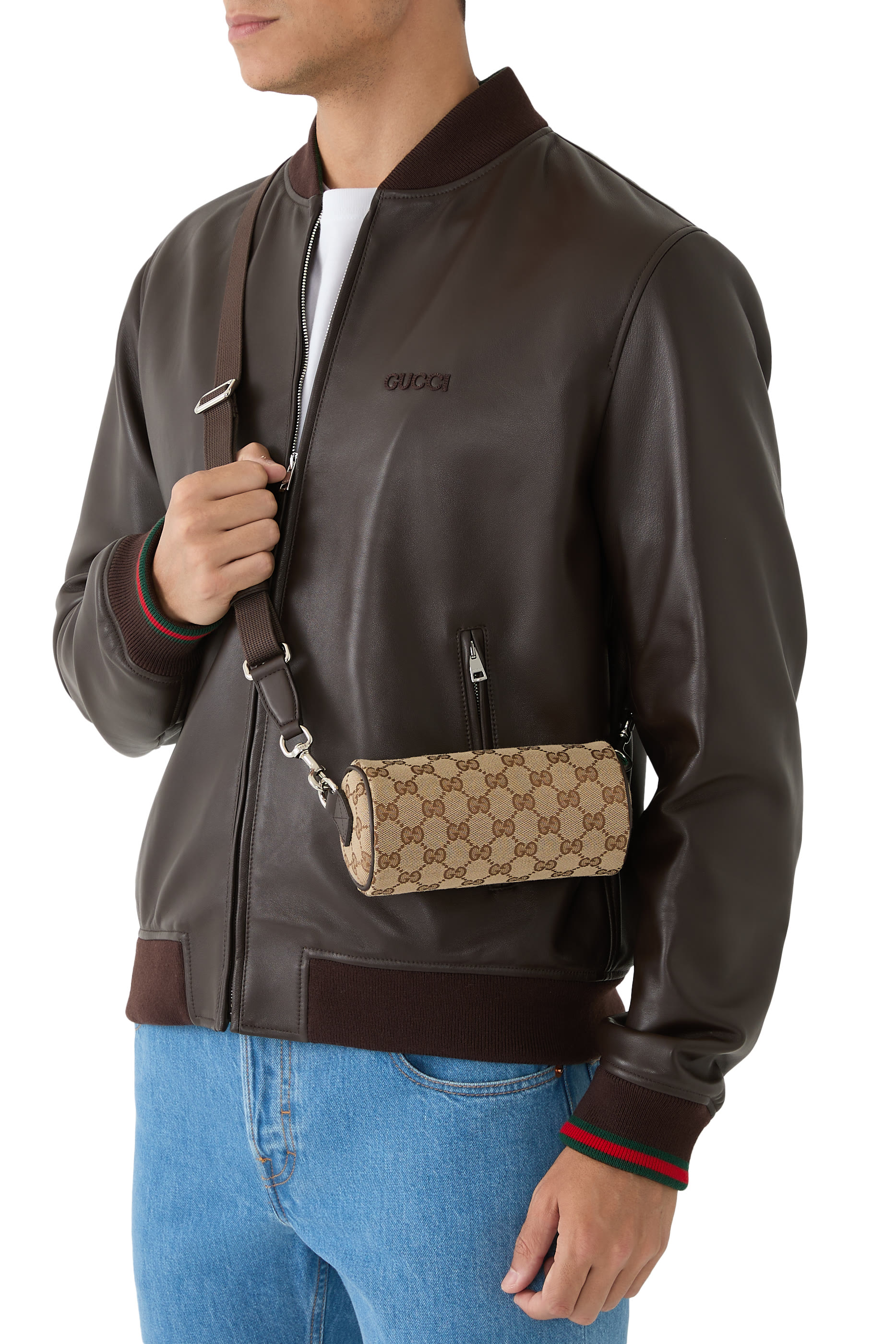 حقيبة صغيرة بتصميم أسطواني قماش قنب بنقشة حرفي شعار الماركة