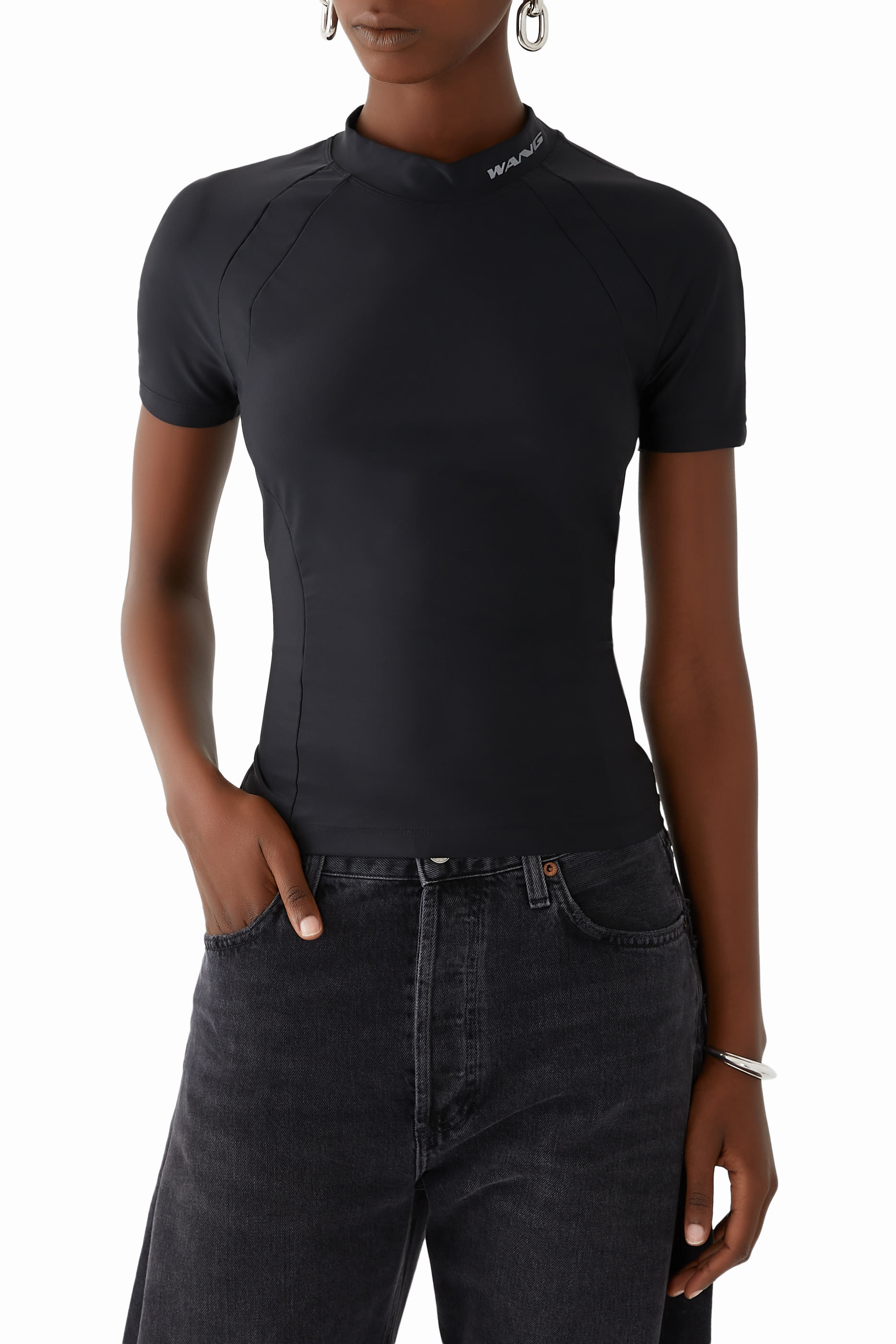 بلوزة للسباحة بقصة ضيقة بشعار الماركة نايلون مطاطي