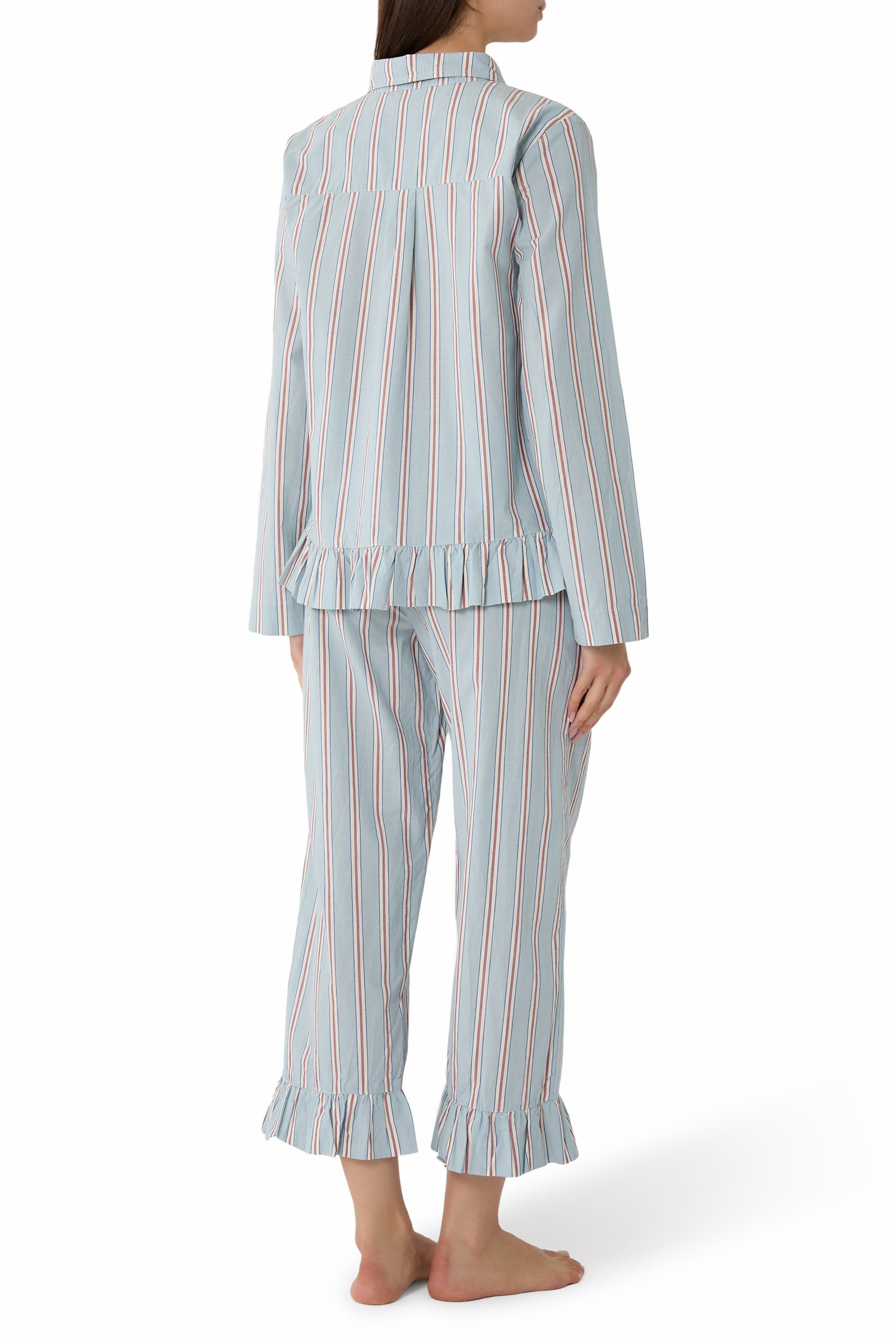 طقم بيجامة فلوري مخطط مزين بكشكش