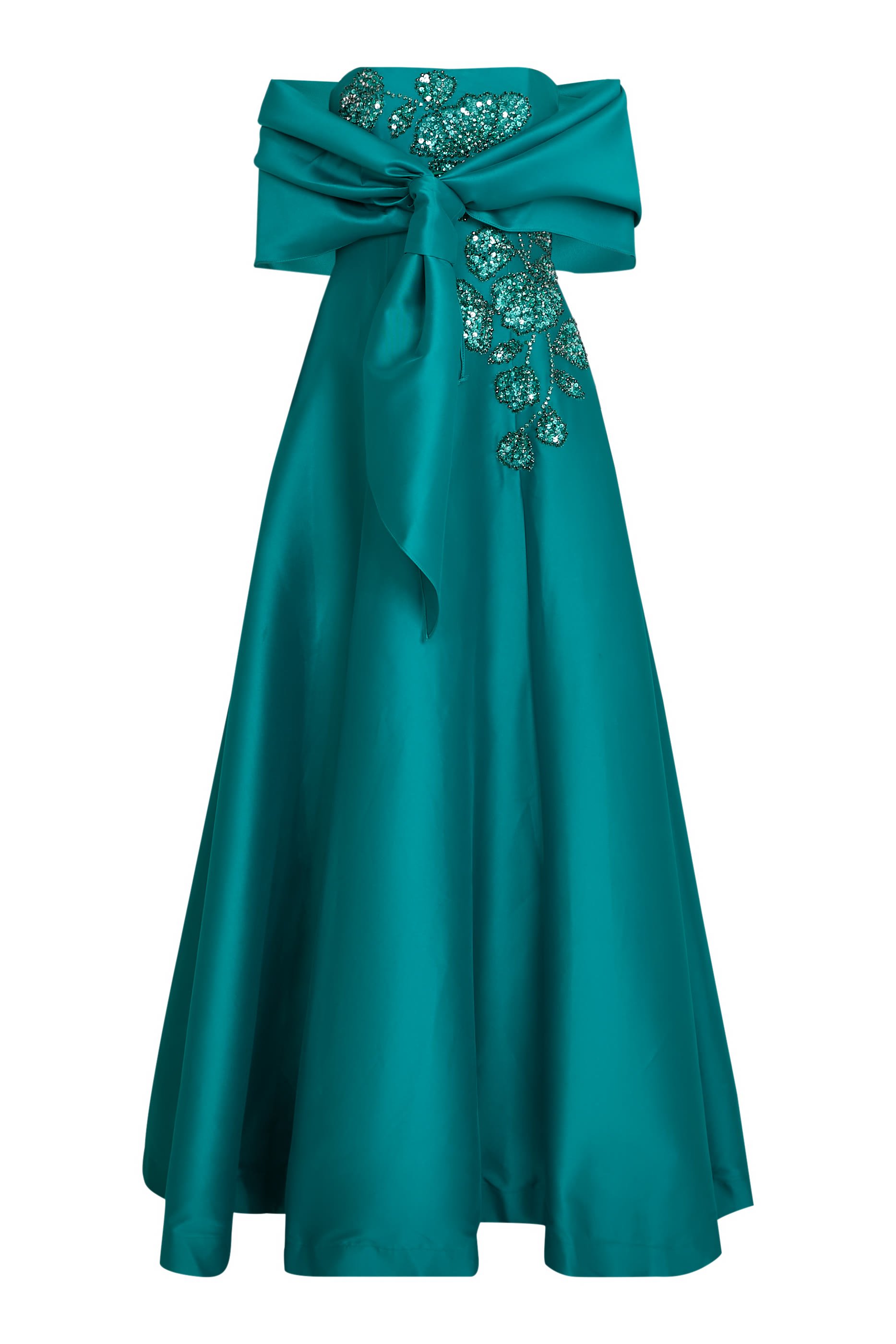 فستان سهرة بلا حمالات بتطريز زهور معقدة وحافة واسعة