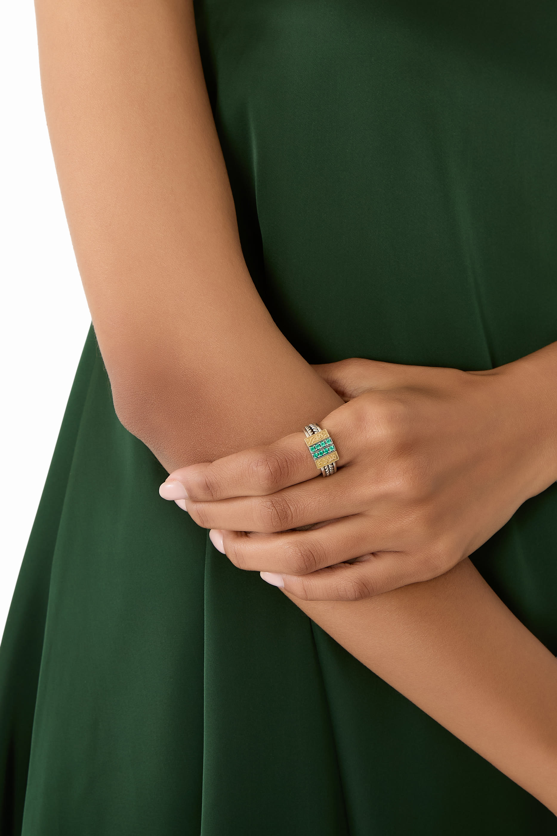 خاتم بليسنغز مودة ورحمة مرصع بالعقيق الأخضر، فضة إسترلينية وذهب أصفر عيار 18