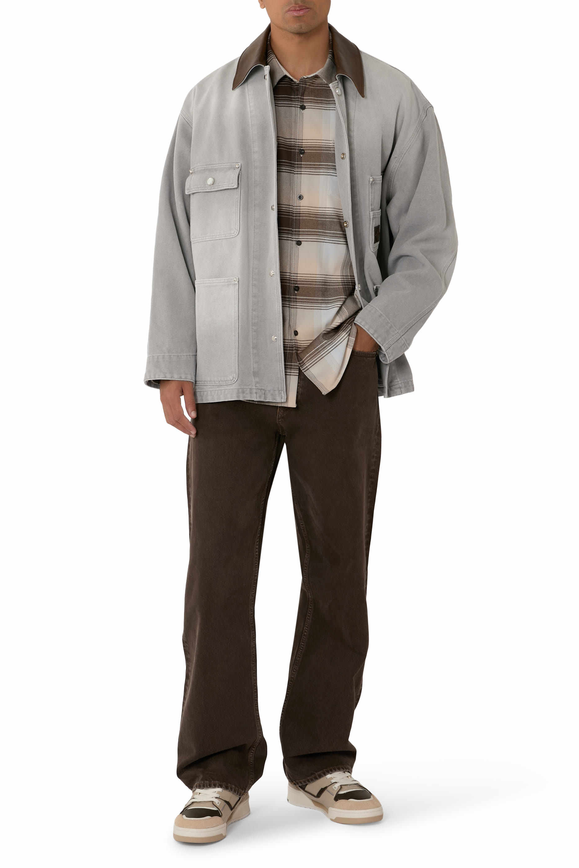 معطف جينز مصبوغ بياقة جلد