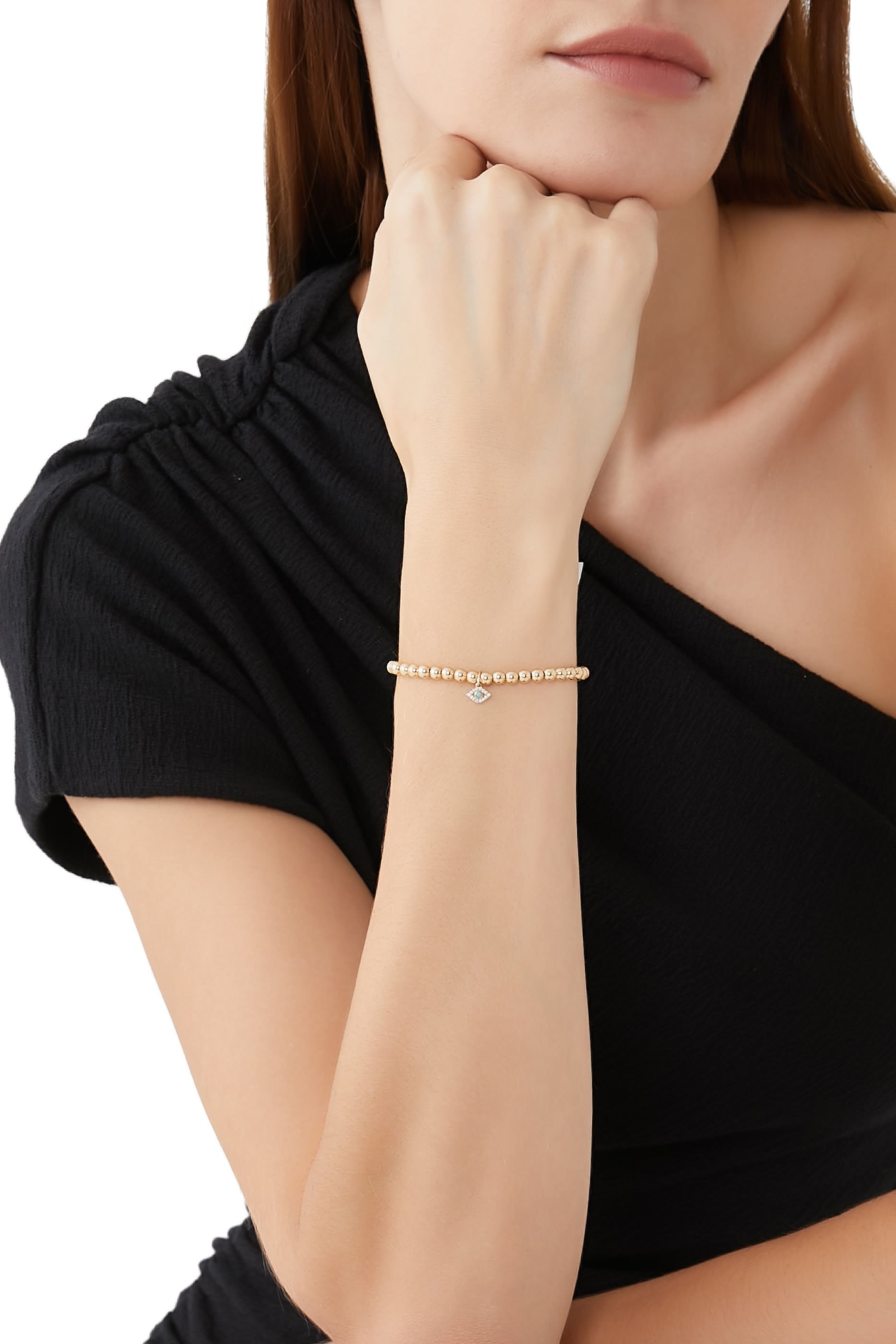 سوار خرز بحلية عين حسود مرصع بالماس وأحجار فيروز ذهب أصفر عيار 14