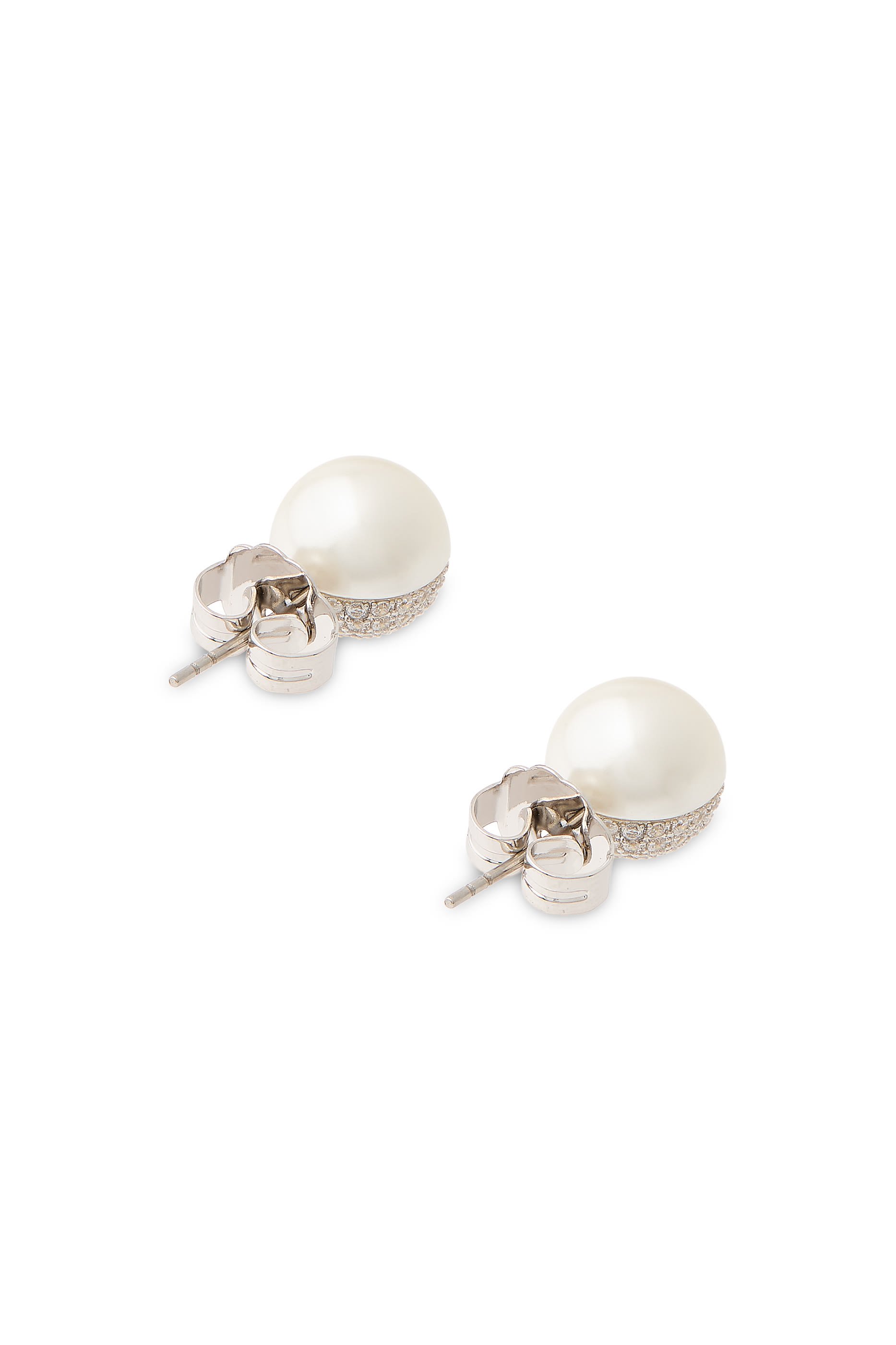 CZ and Pearl Split Stud Earrings, Rodhium, Cubic Zirconia & Glass Pearl