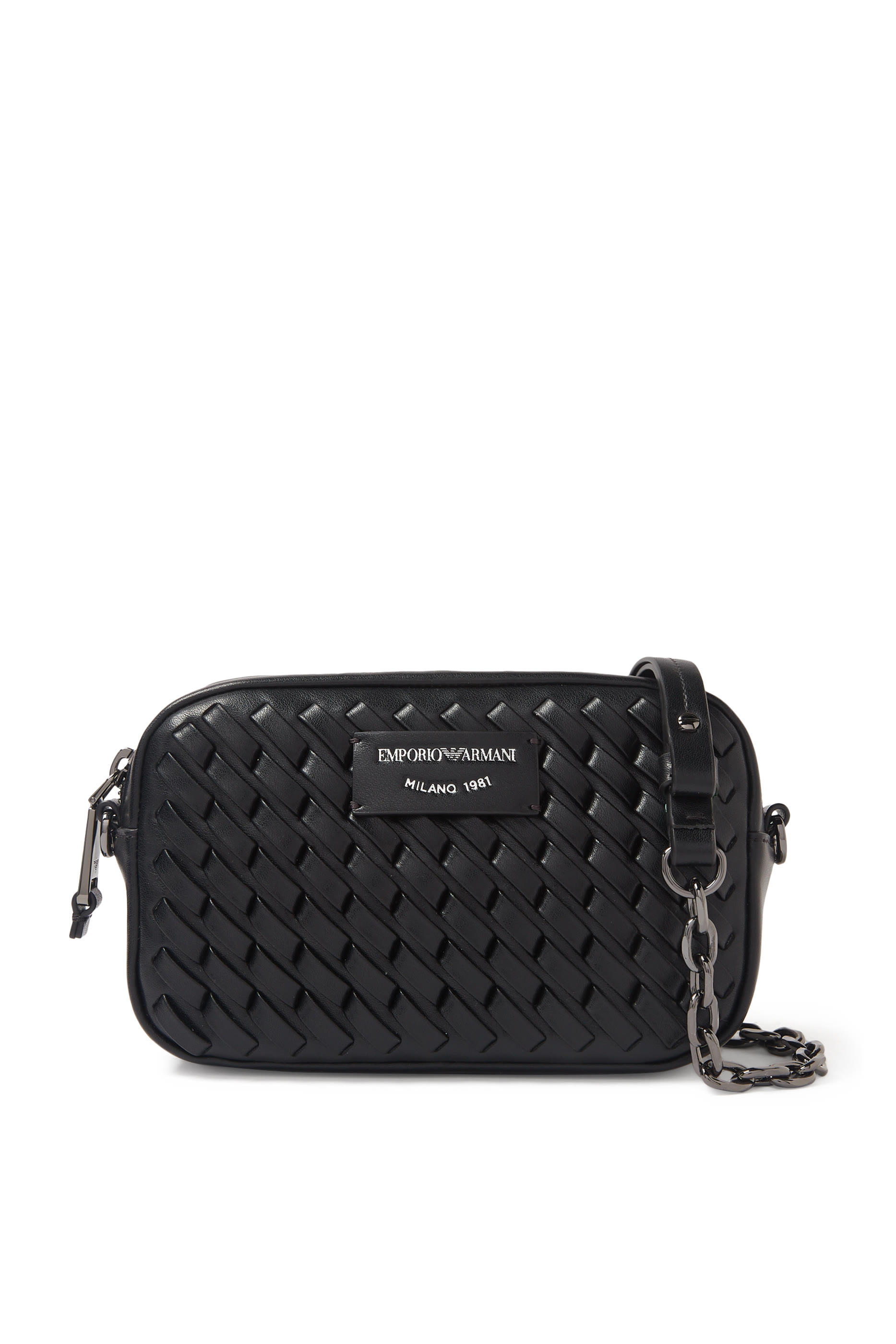 حقيبة كروس كاميرا جلد منسوج بحمالة سلسلة