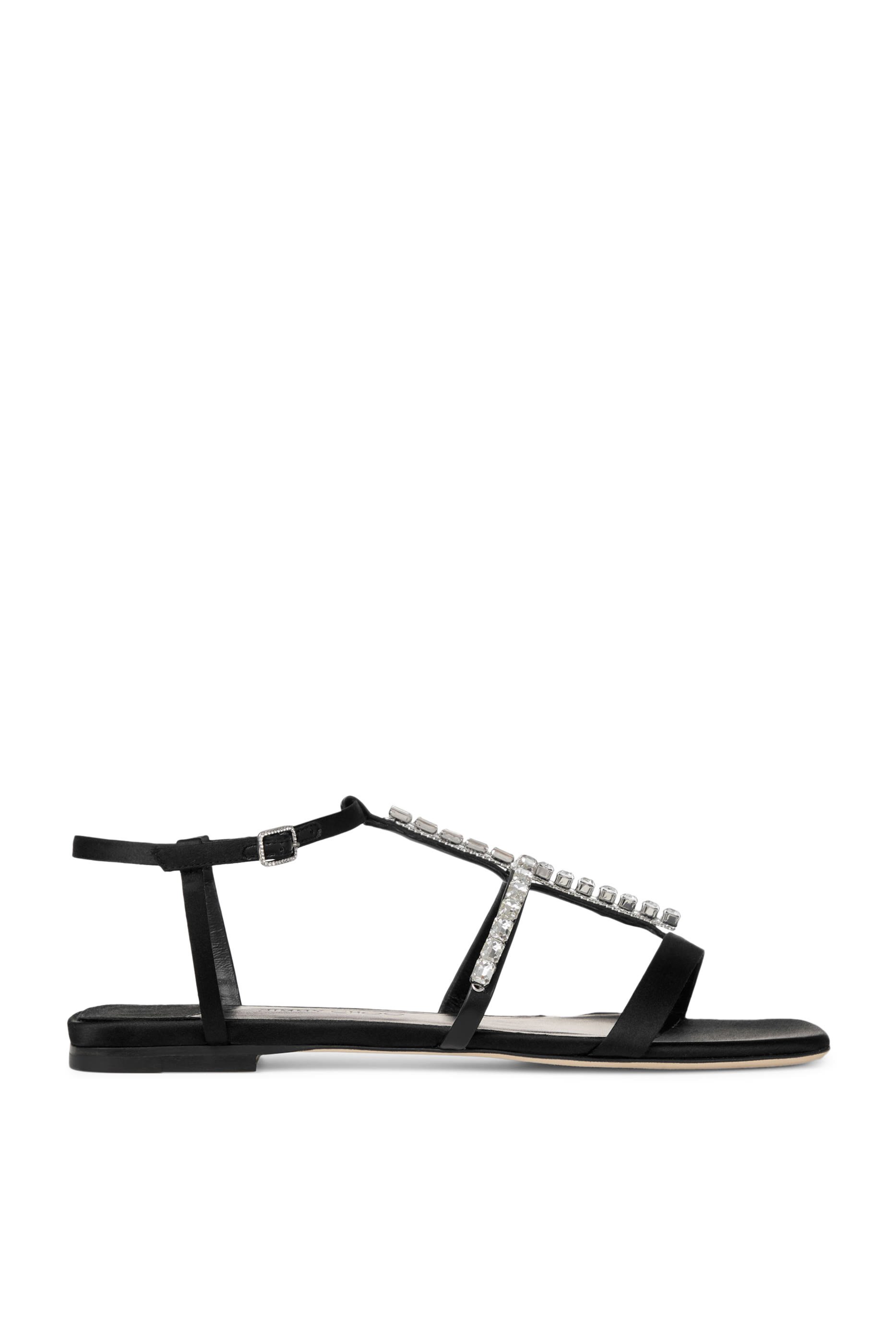 صندل بكعب مسطح وسيور بتصميم حرف T بالكريستال