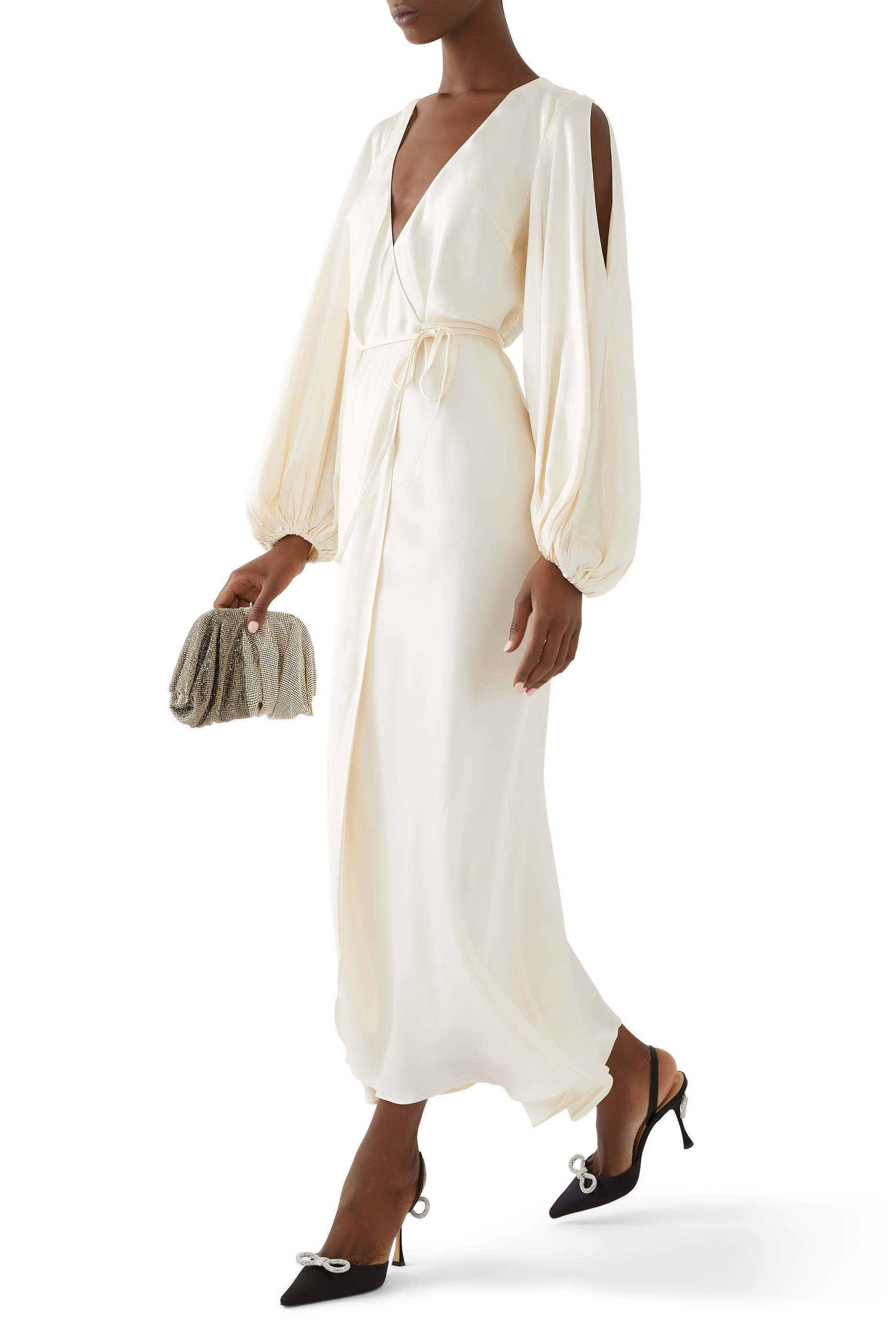 فستان لا لون متوسط الطويل بتصميم ملفوف وأكمام طويلة