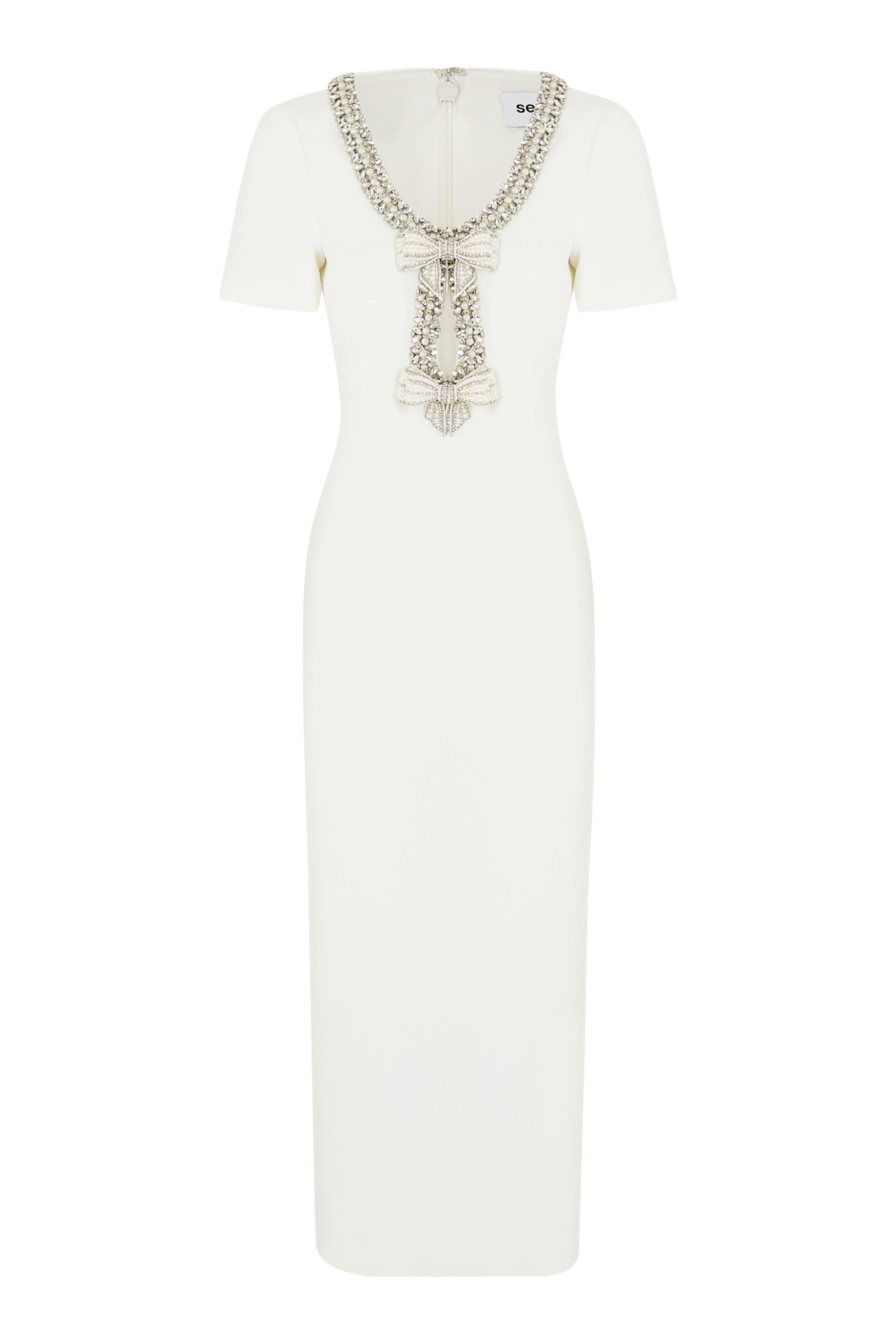 فستان متوسط الطول بربطة فيونكة كريب أبيض