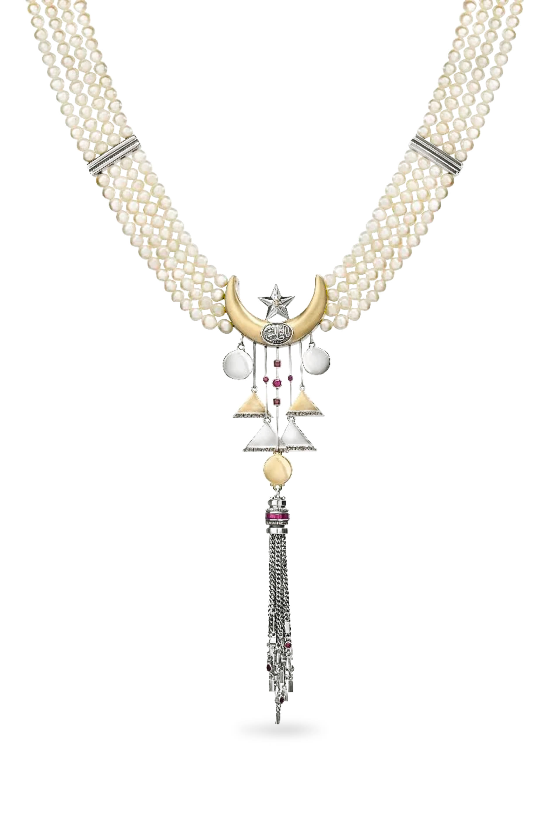 قلادة بتصميم مقوس بخرز ولؤلؤ، ذهب عيار 18 وفضة استرلينية