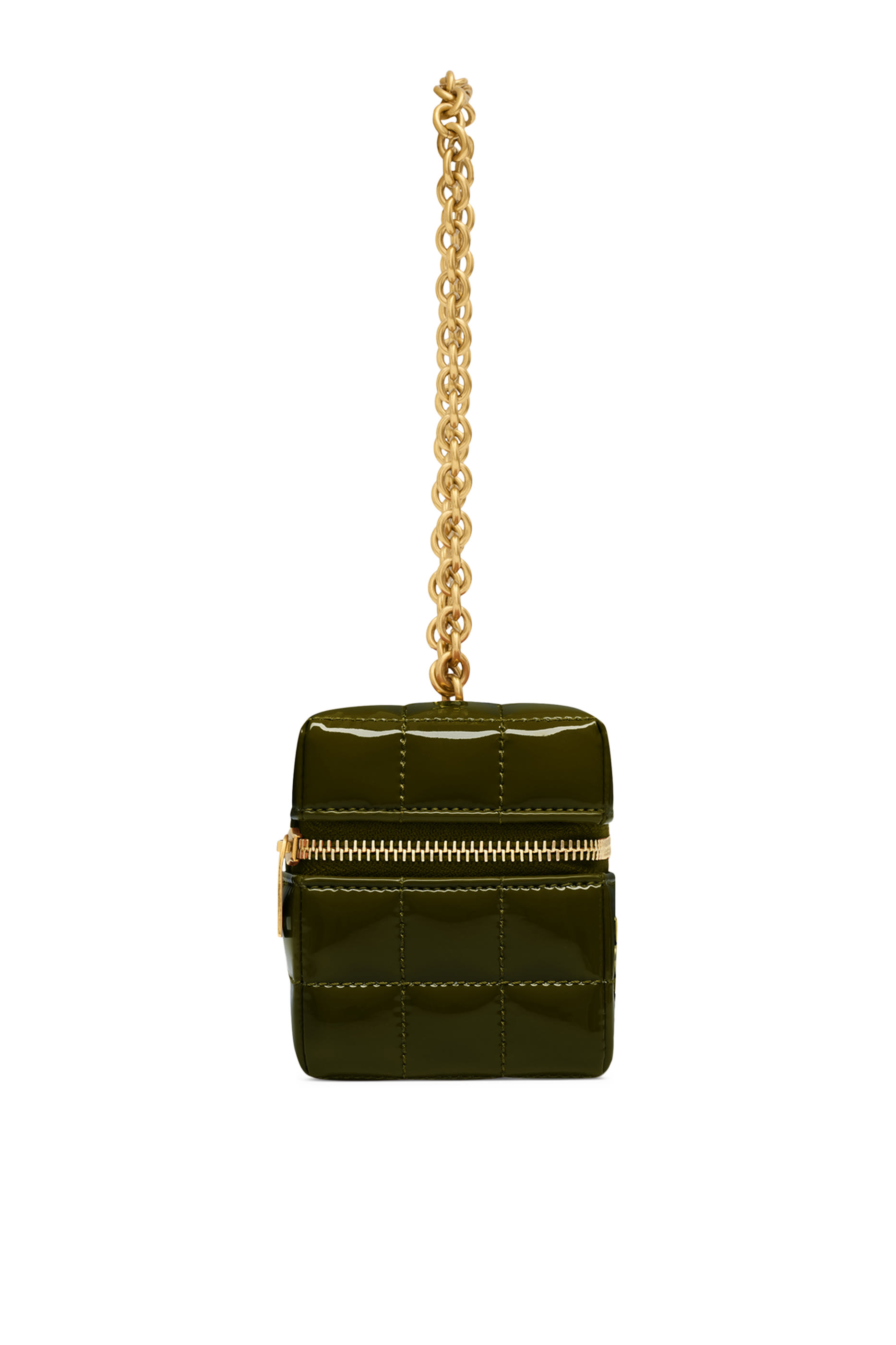 حقيبة صغيرة مبطنة بتصميم مكعب بشعار الماركة ونقشة كاري جلد لامع