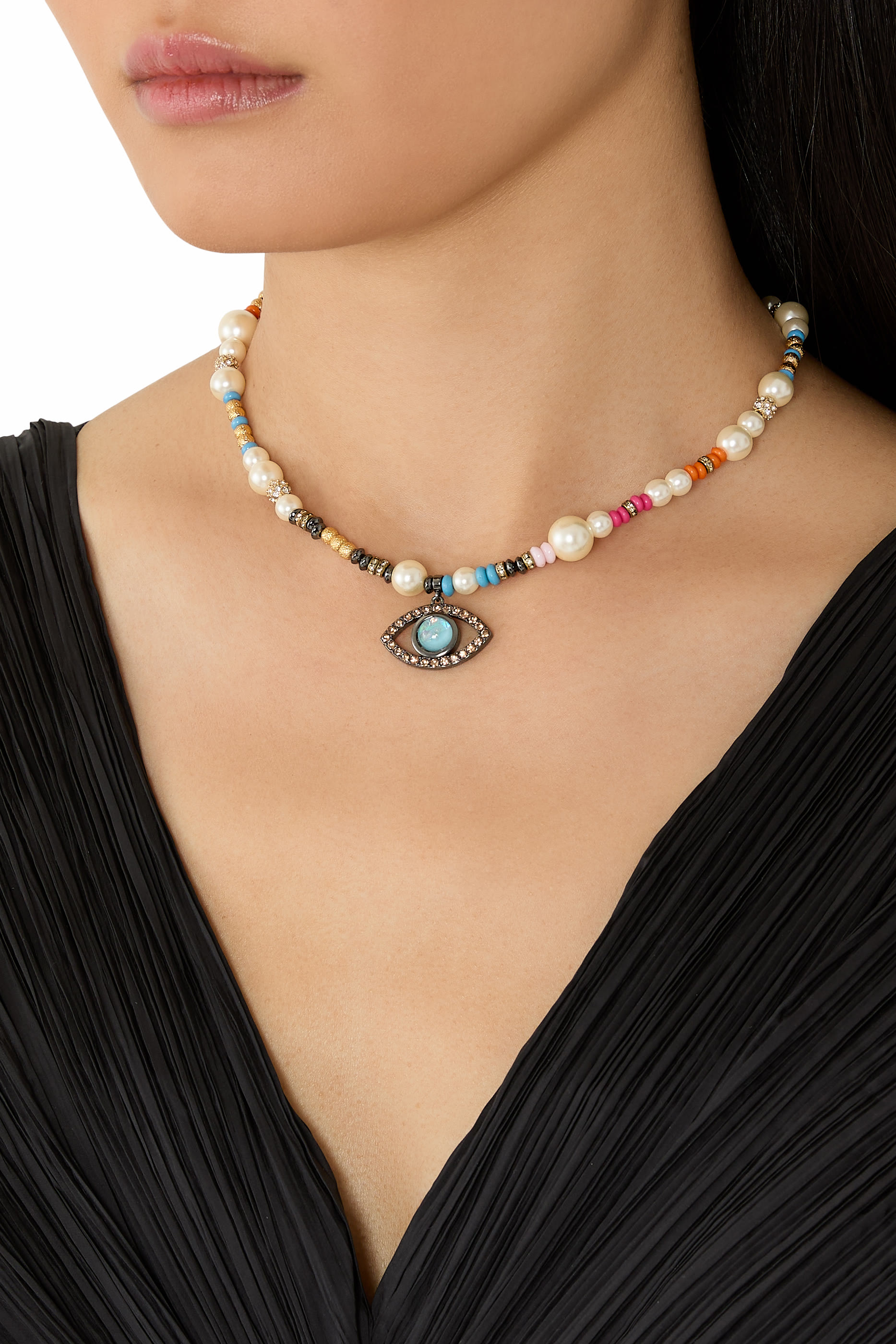 Evil Eye Pendant Necklace, Brass & Acrylic Faux Pearl, Glass, Resin