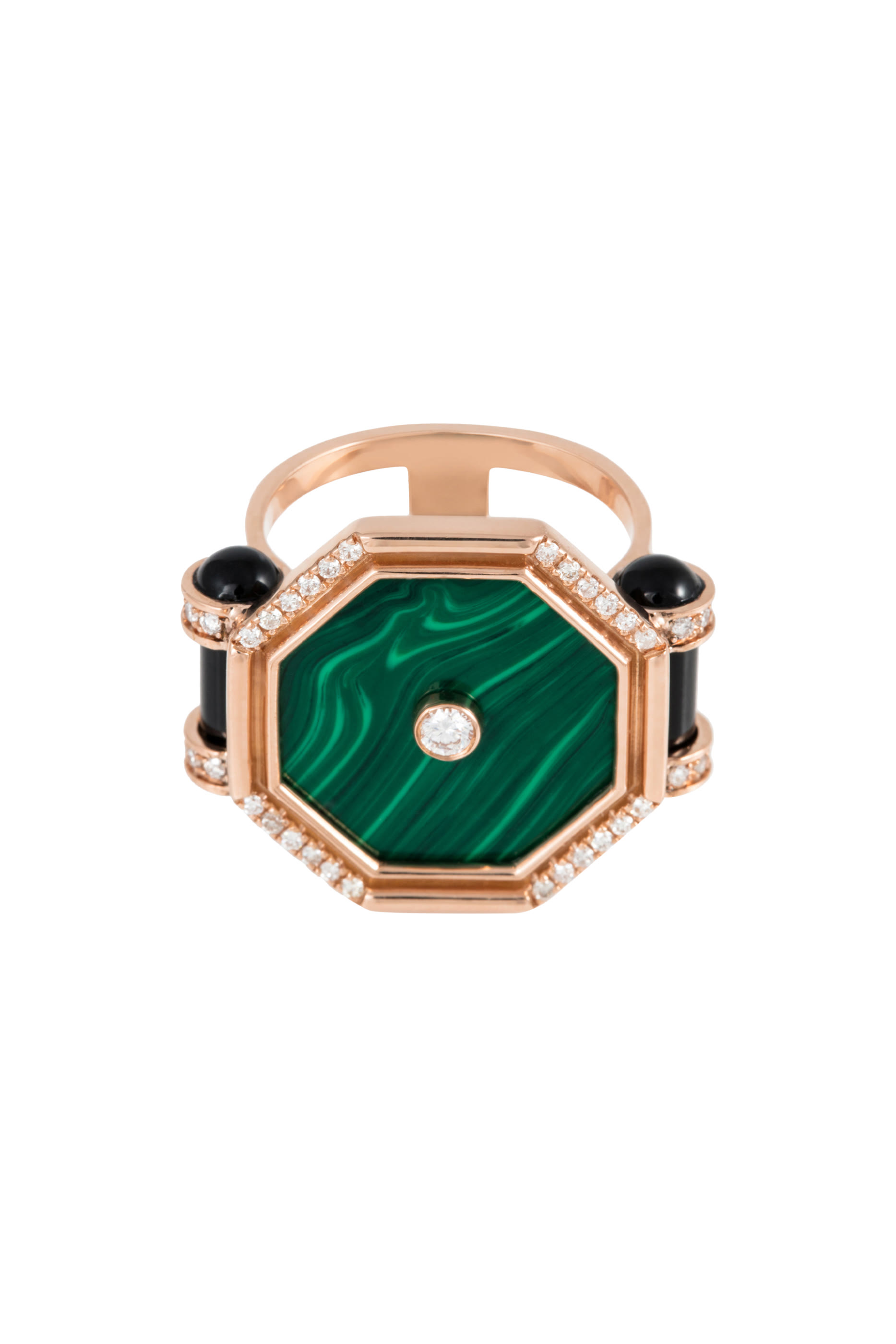 Hexagon Ring, 18k Rose Gold with Diamonds & Onyx, Malachite