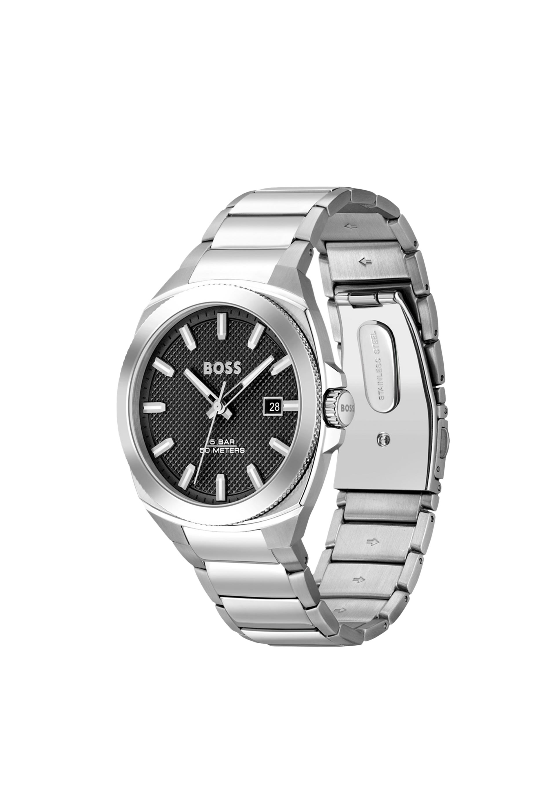 ساعة بسوار بحلقات ومينا أسود بنقشة غيلوشيه