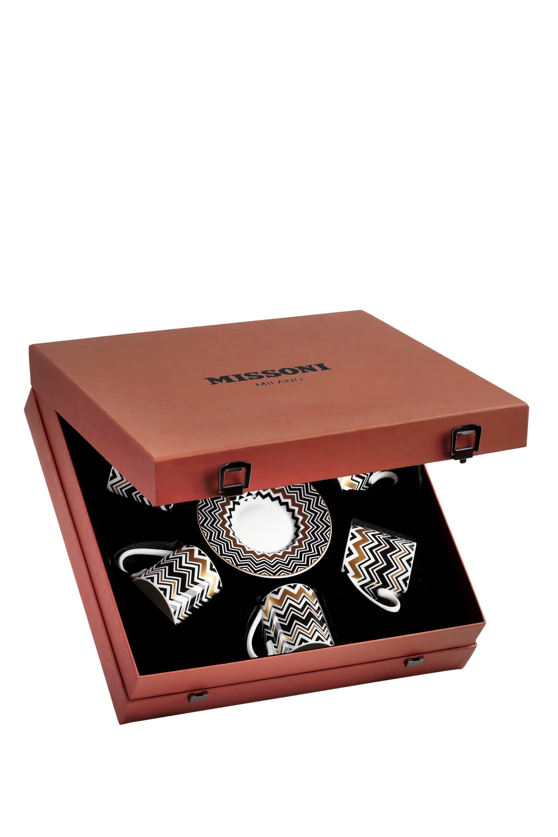 مجموعة فناجين وأطباق قهوة بنقشة خطوط متعرجة وتفاصيل مذهبة، 6 قطع