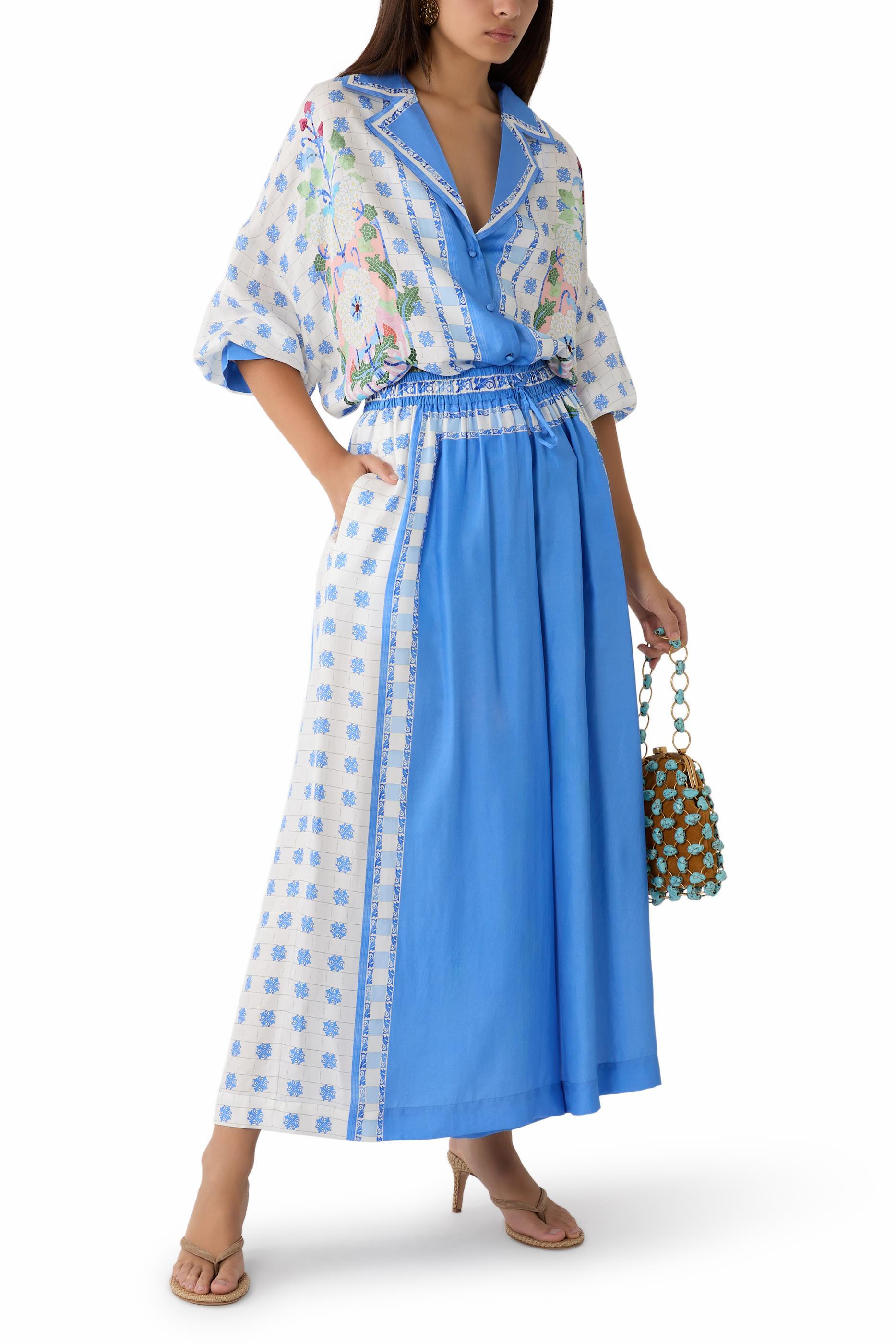 بنطال بقصة ساق واسعة مع خصر مطاطي ونقشة