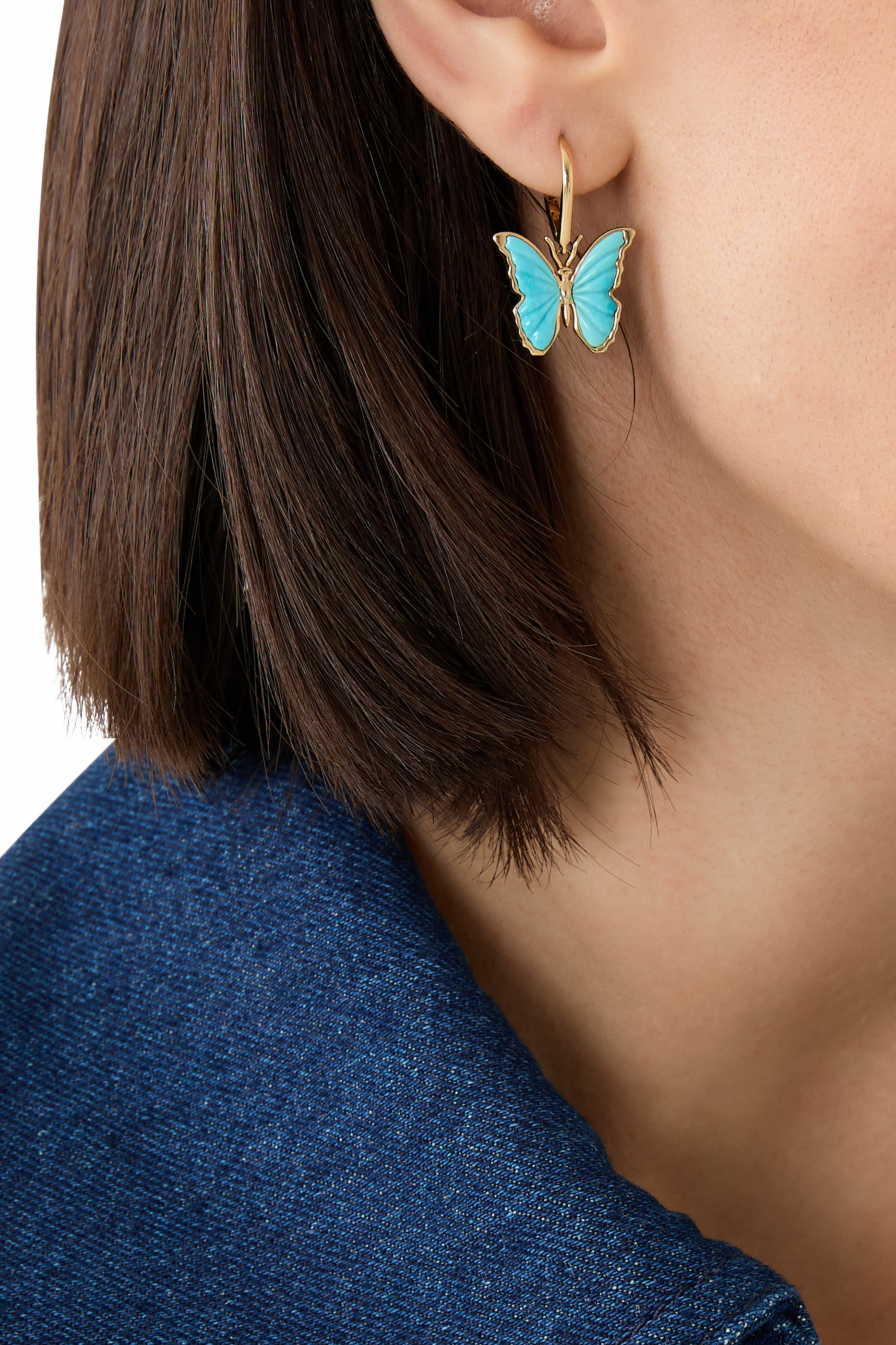 أقراط بتصميم فراشة مزينة بالفيروز، ذهب أصفر عيار 18