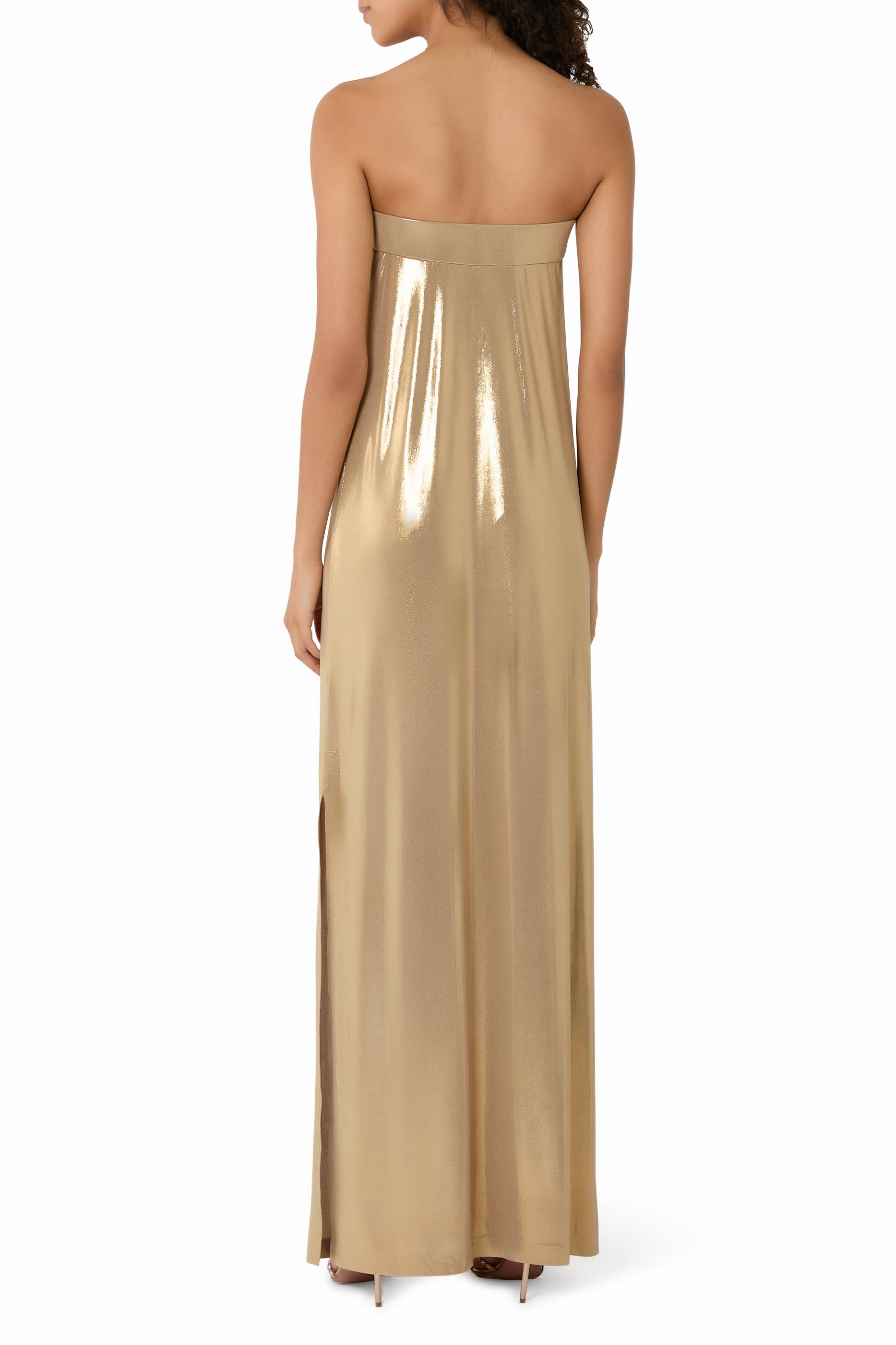 فستان سهرة بقصة ضيقة بلا حمالات وفتحة جانبية