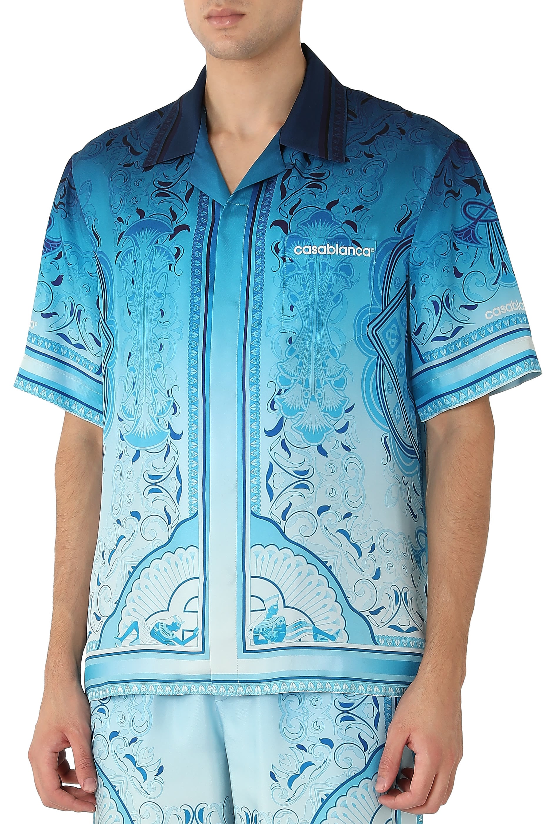 Radiating Monogram Short Sleeve Silk Shirt
