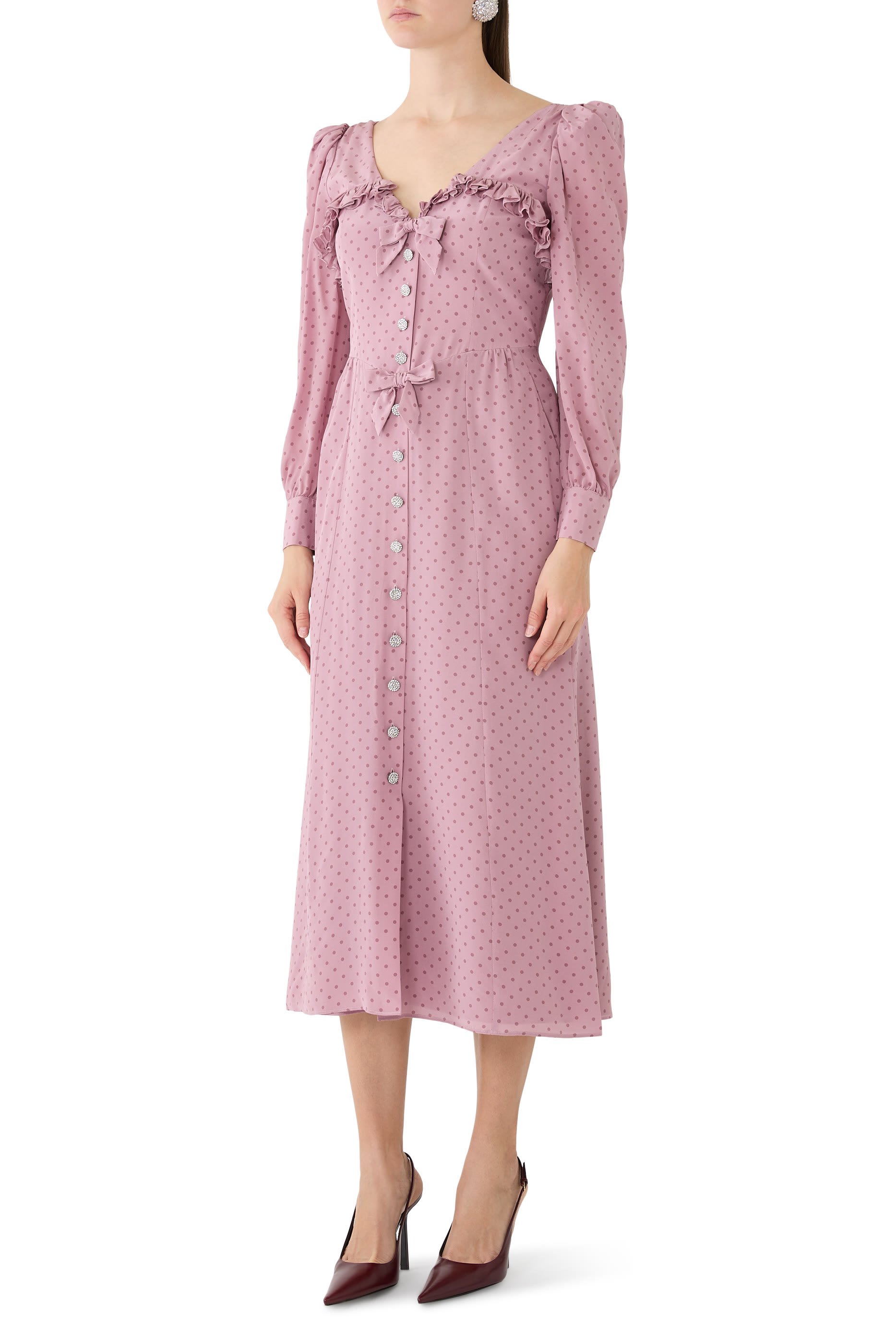 فستان متوسط الطول بنقشة نقاط وكشكش