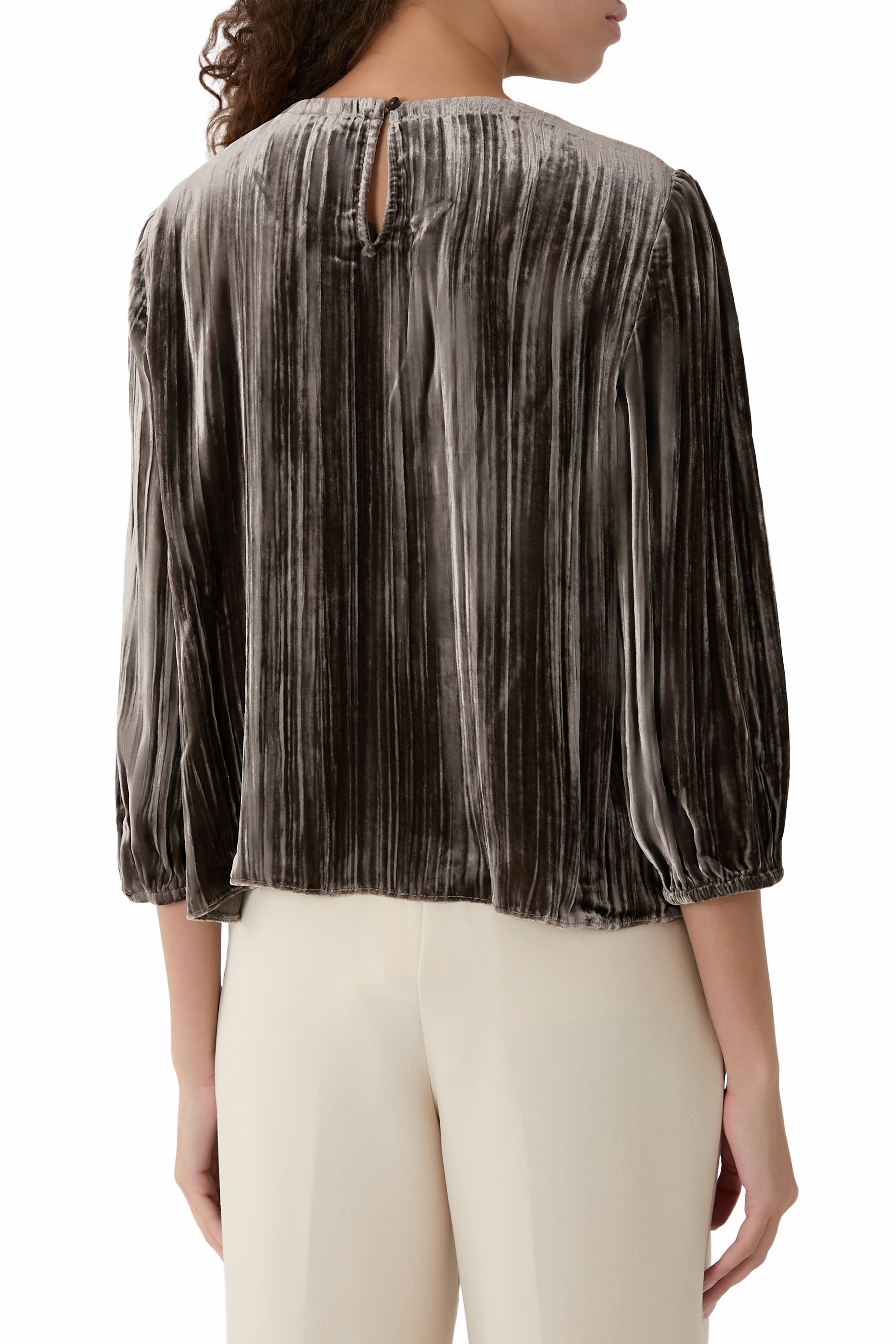 بلوزة بياقة مستديرة مخمل مجعد