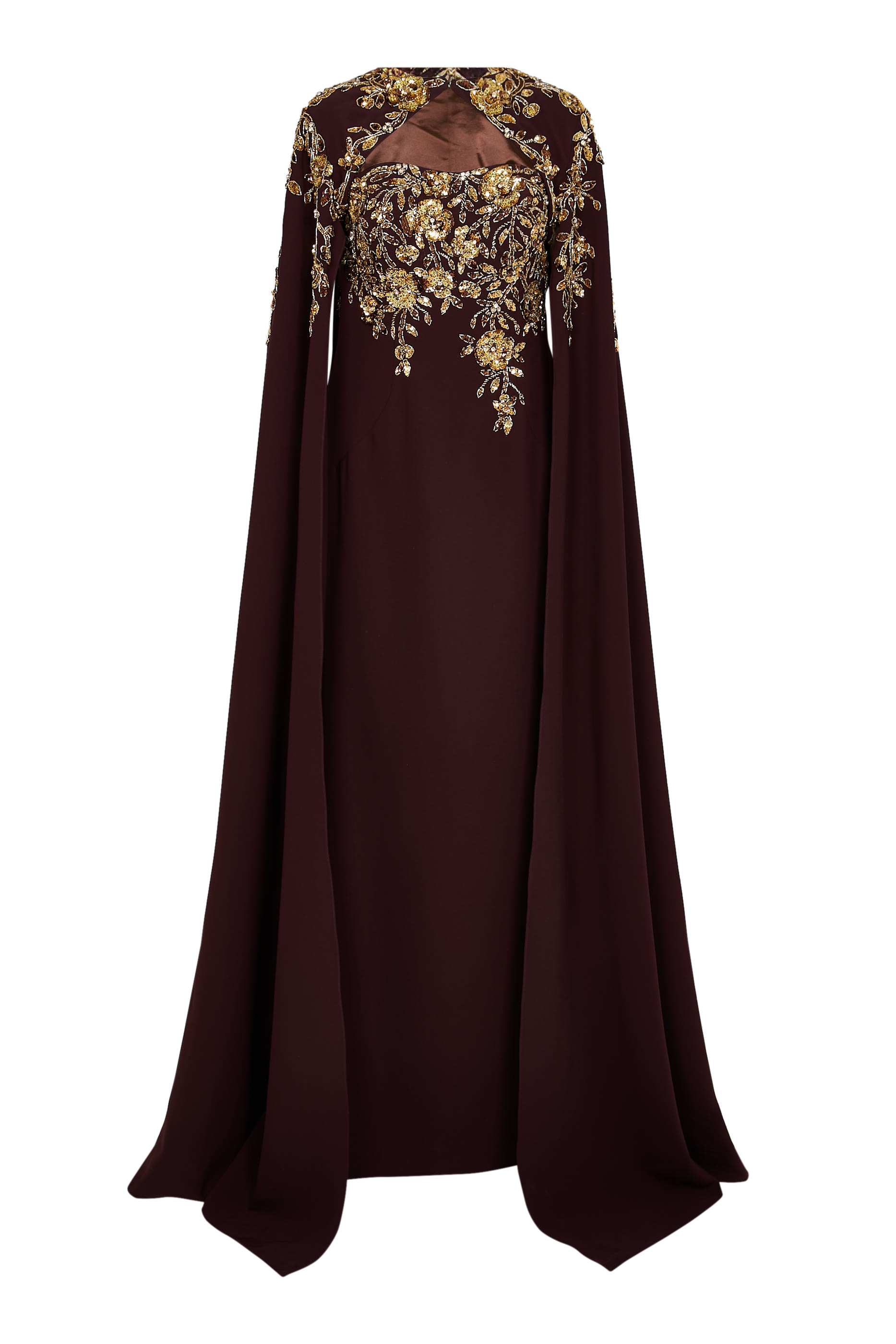 Embroidered Column Gown with Cape Sleeves