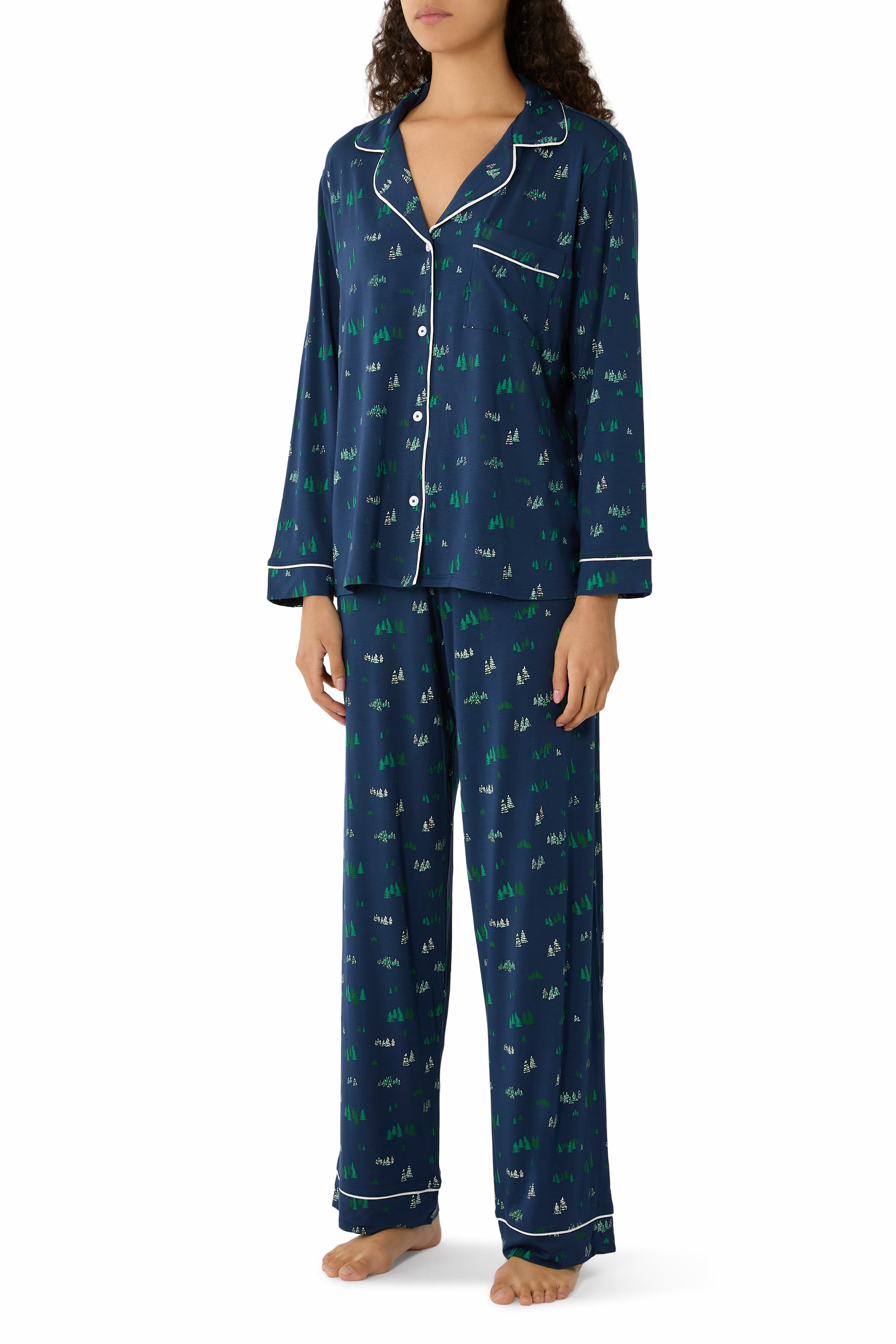 طقم بيجامة جيزيل بقصة طويلة ونقشة تينسيل مودال