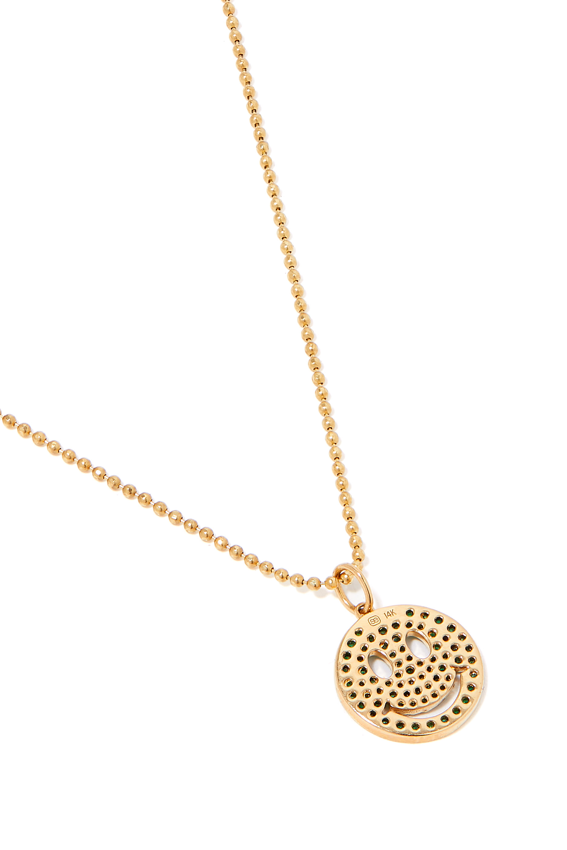 قلادة بدلاية وجه مبتسم متوسط الحجم مرصعة بالزمرد ذهب أصفر عيار 14