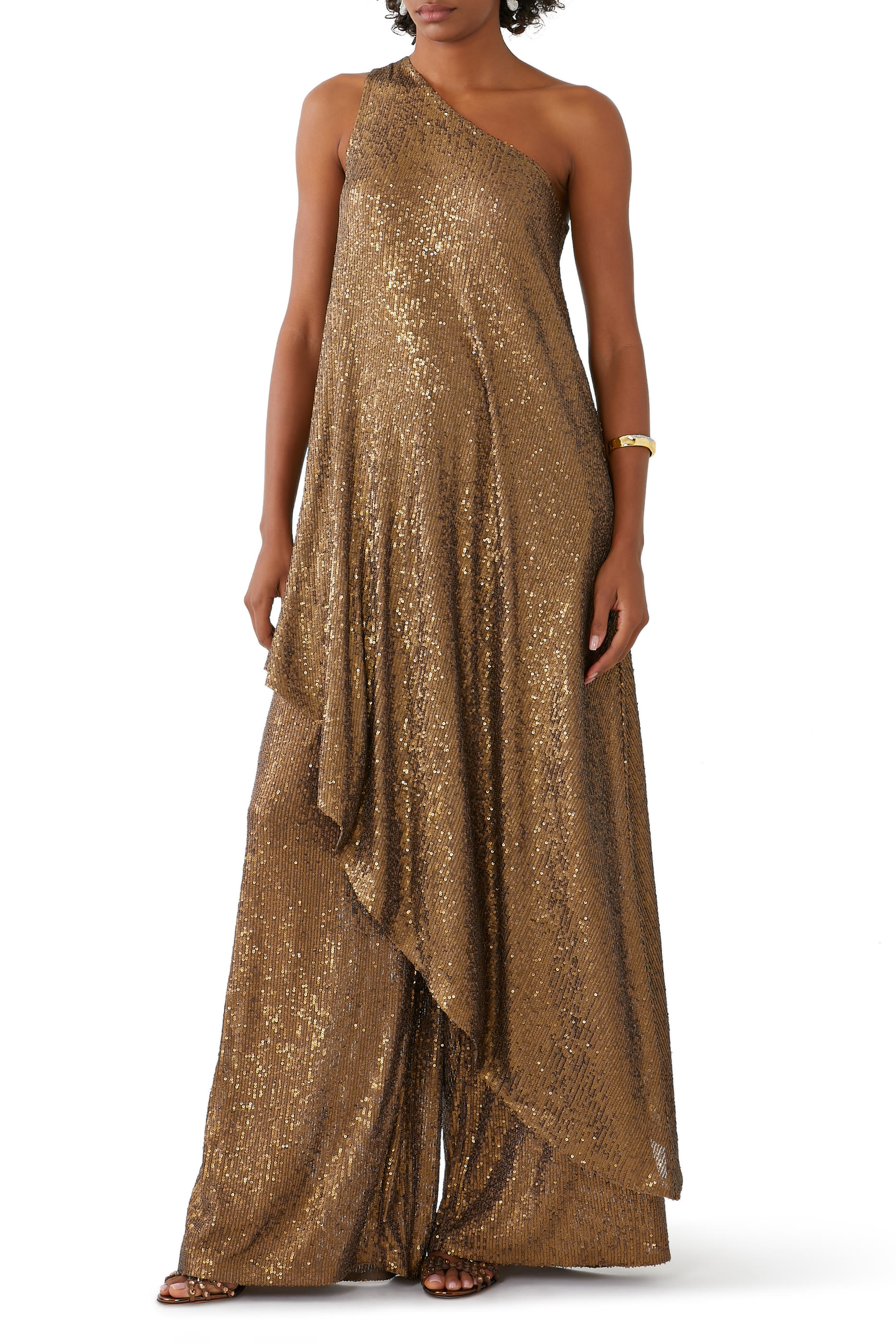 تونيك بحافة مائلة بكتف واحد وتطريزات بالترتر