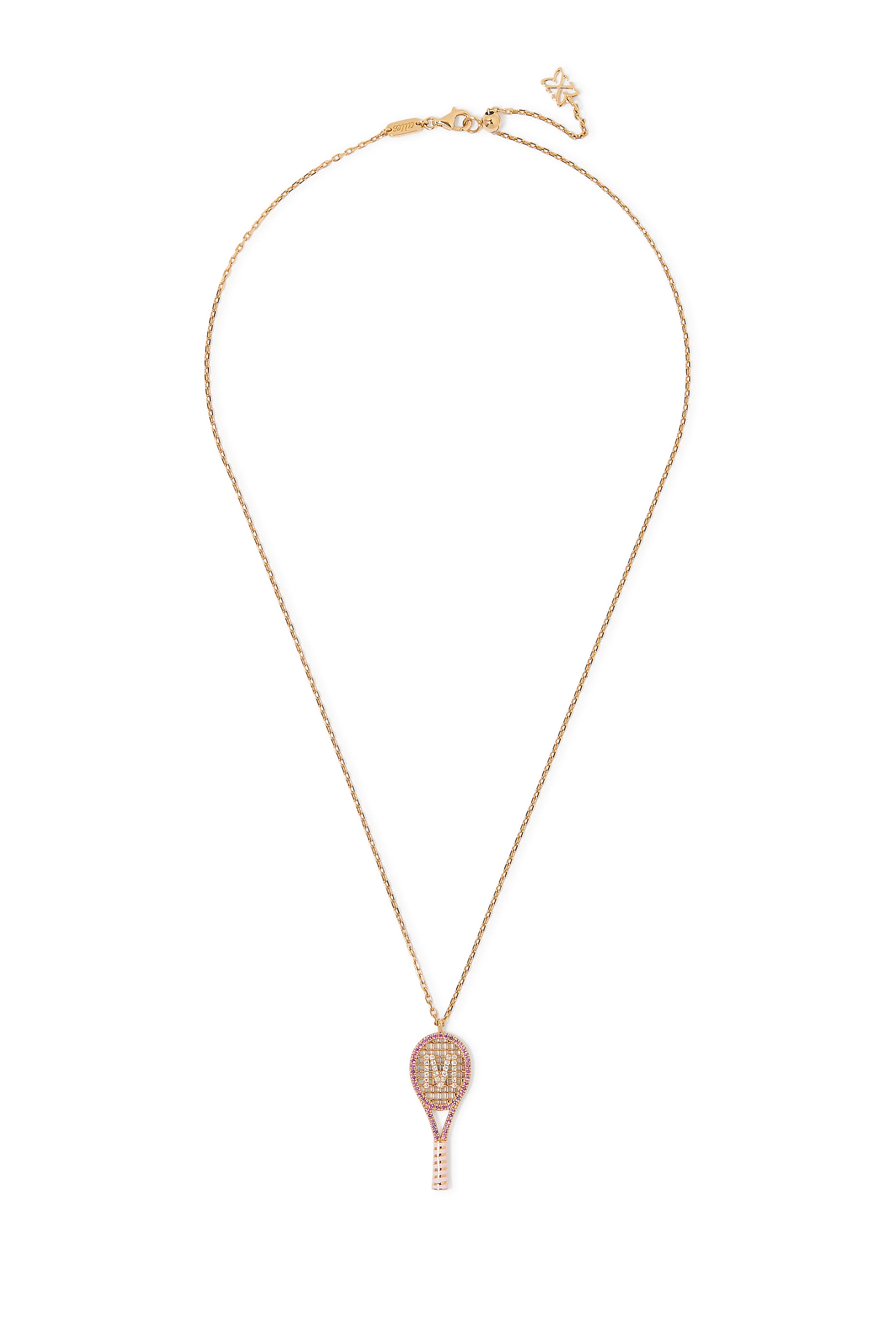 Letter 'M' Tennis Racket Necklace, 18K Yellow Gold with Diamonds & Sapphires