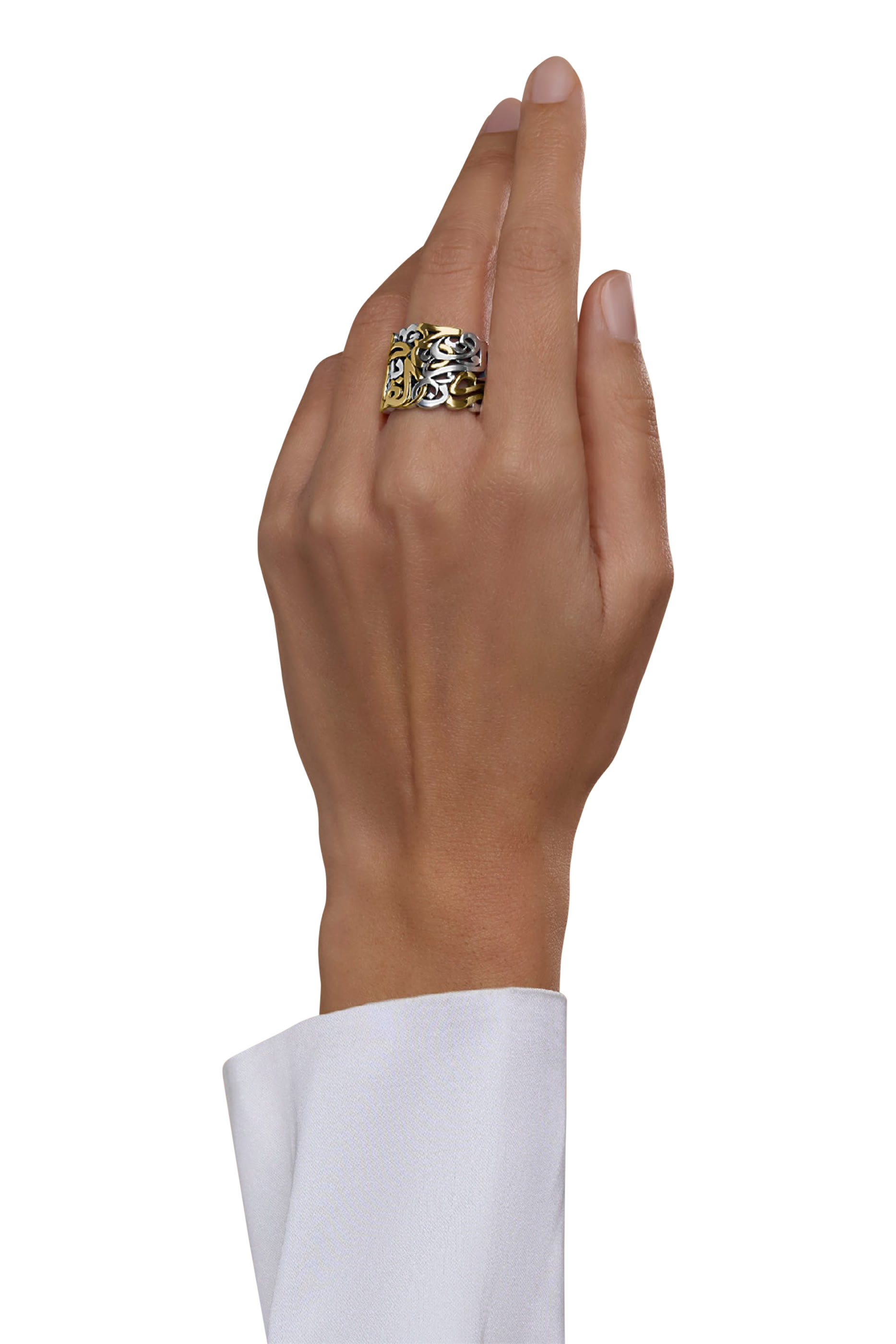 خاتم النور بكلمات شعر بخط عربي، ذهب أصفر عيار 18 قيراط وفضة إسترلينية