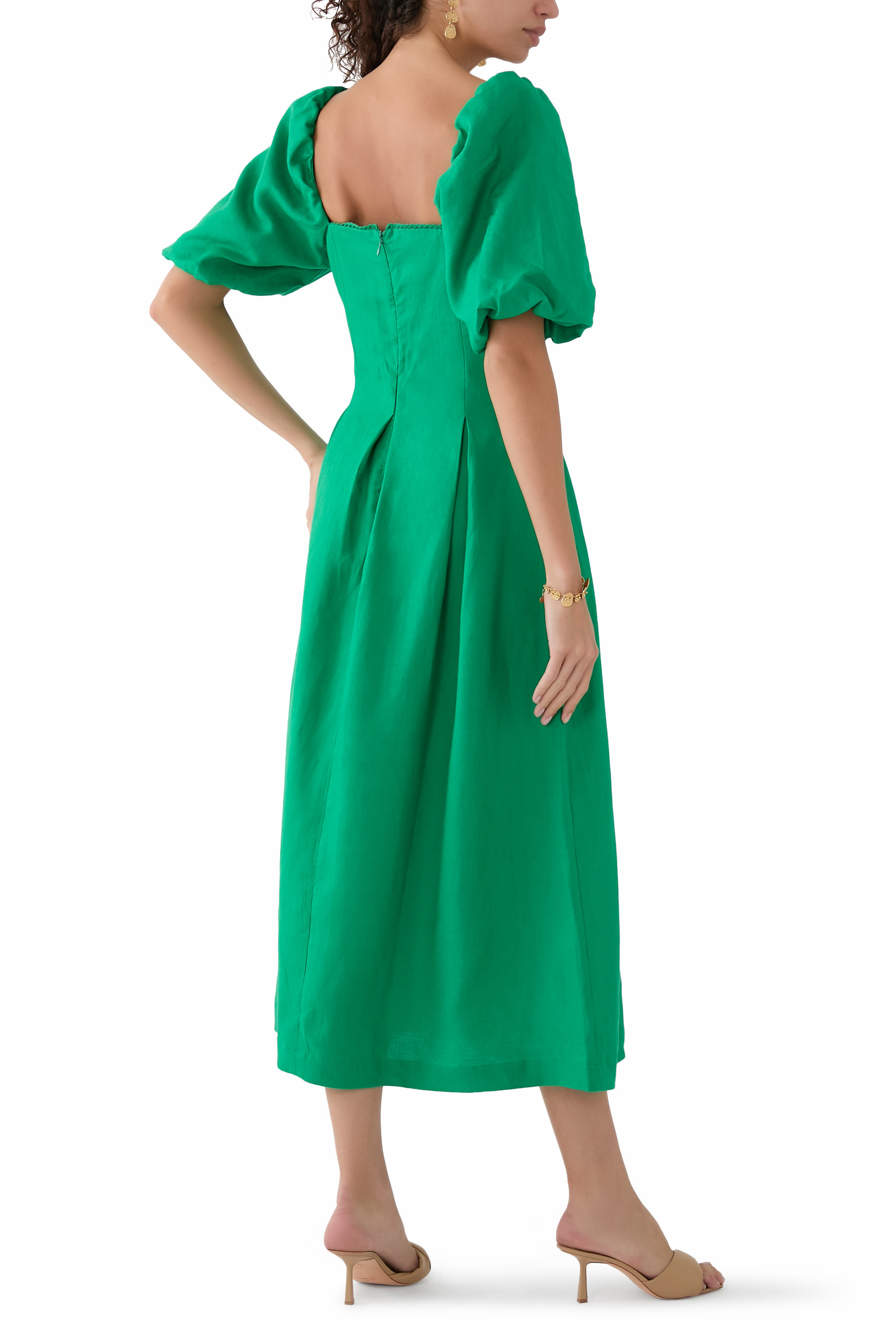 فستان ديمي متوسط الطول بأكمام منفوخة كتان